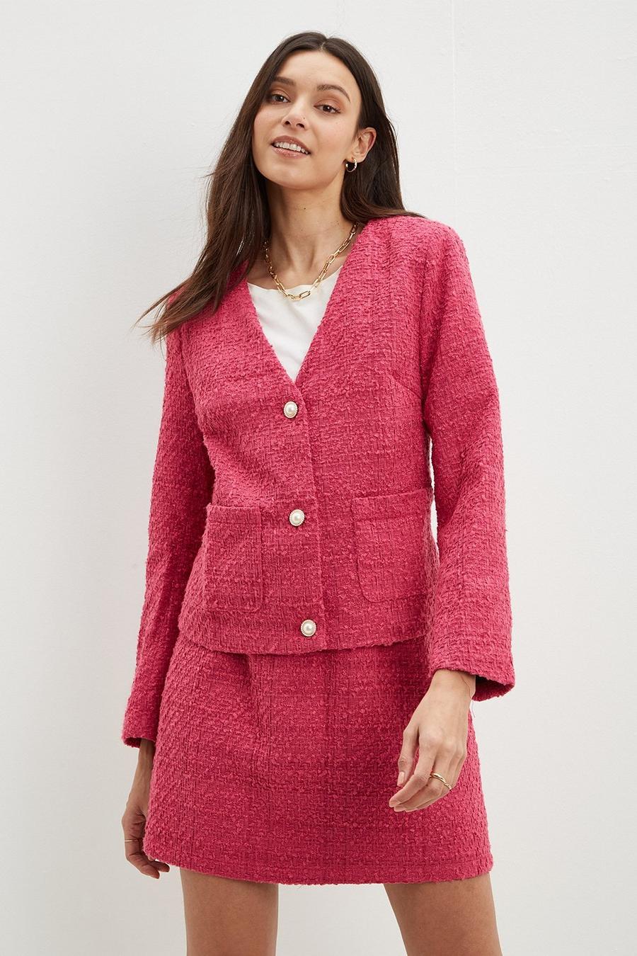 Collarless Boucle Jacket With Pearl Buttons