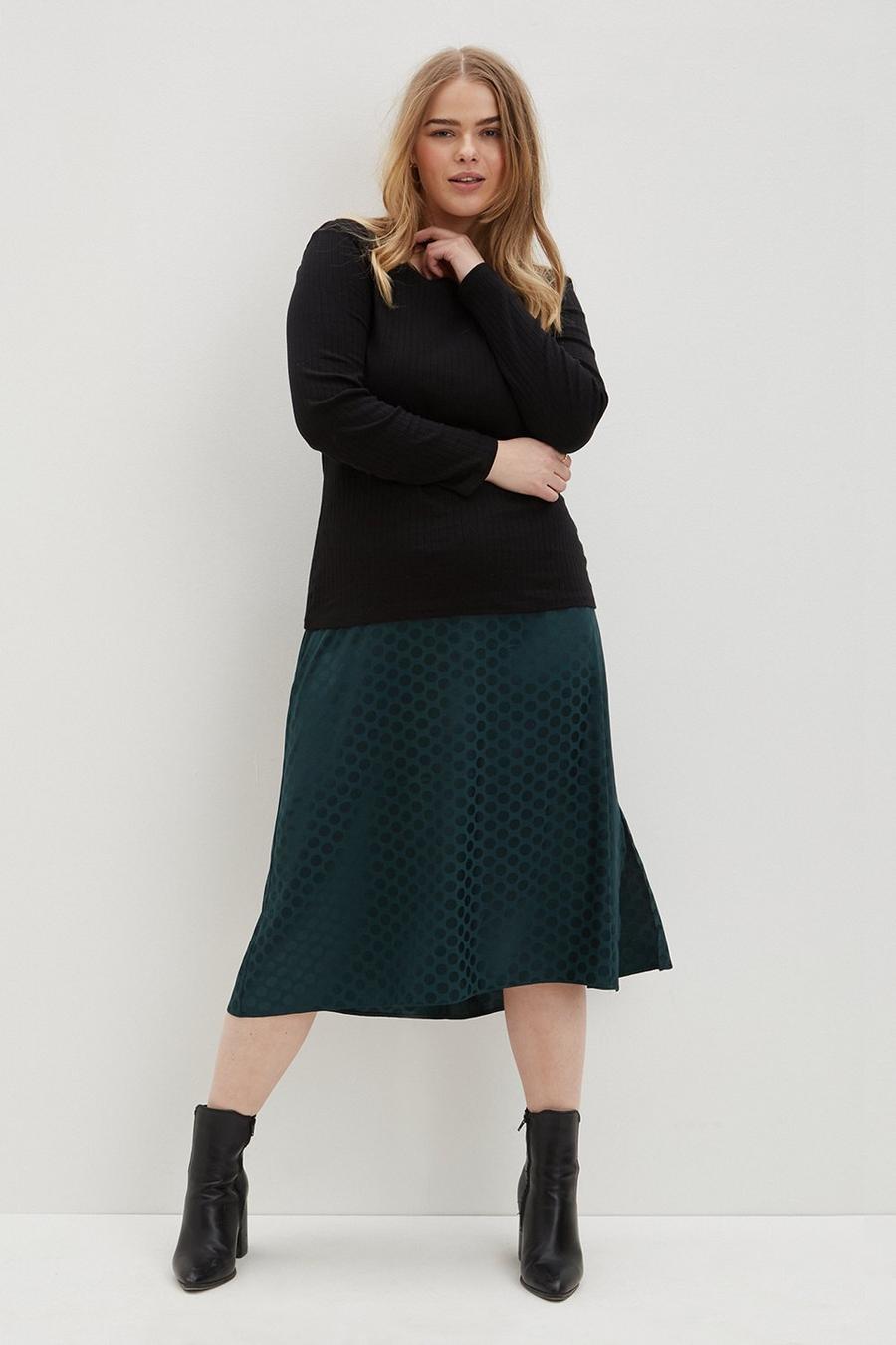 Curve Green Spot Satin Jacquard Midi Skirt
