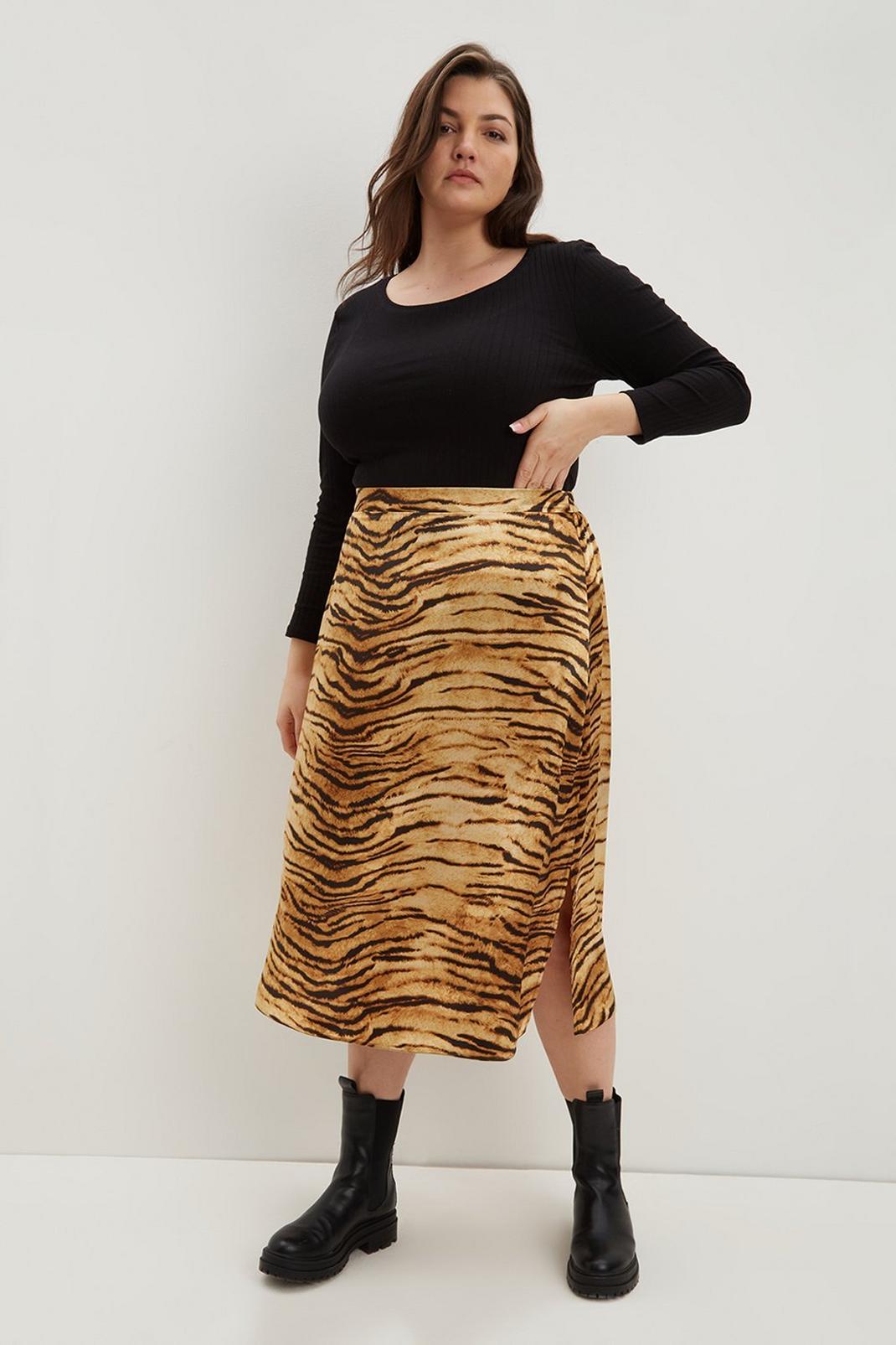Multi Curve Tiger Animal Satin Print Midi Skirt image number 1