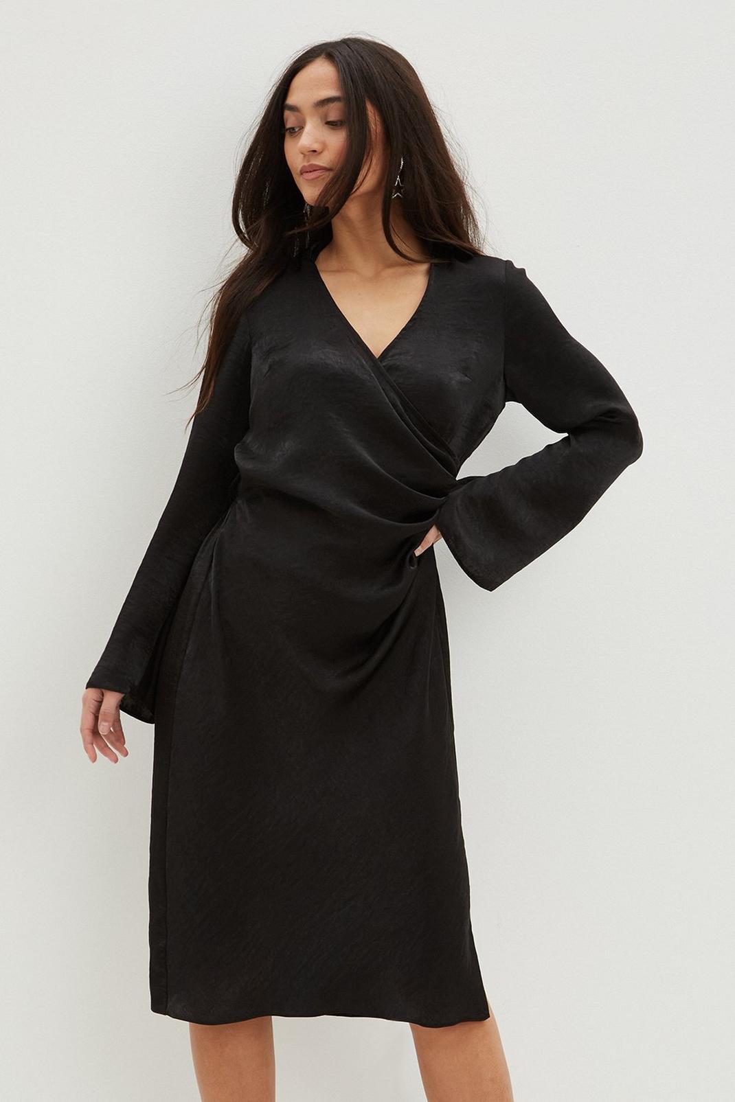 Black Petite Textured Satin Wrap Dress image number 1