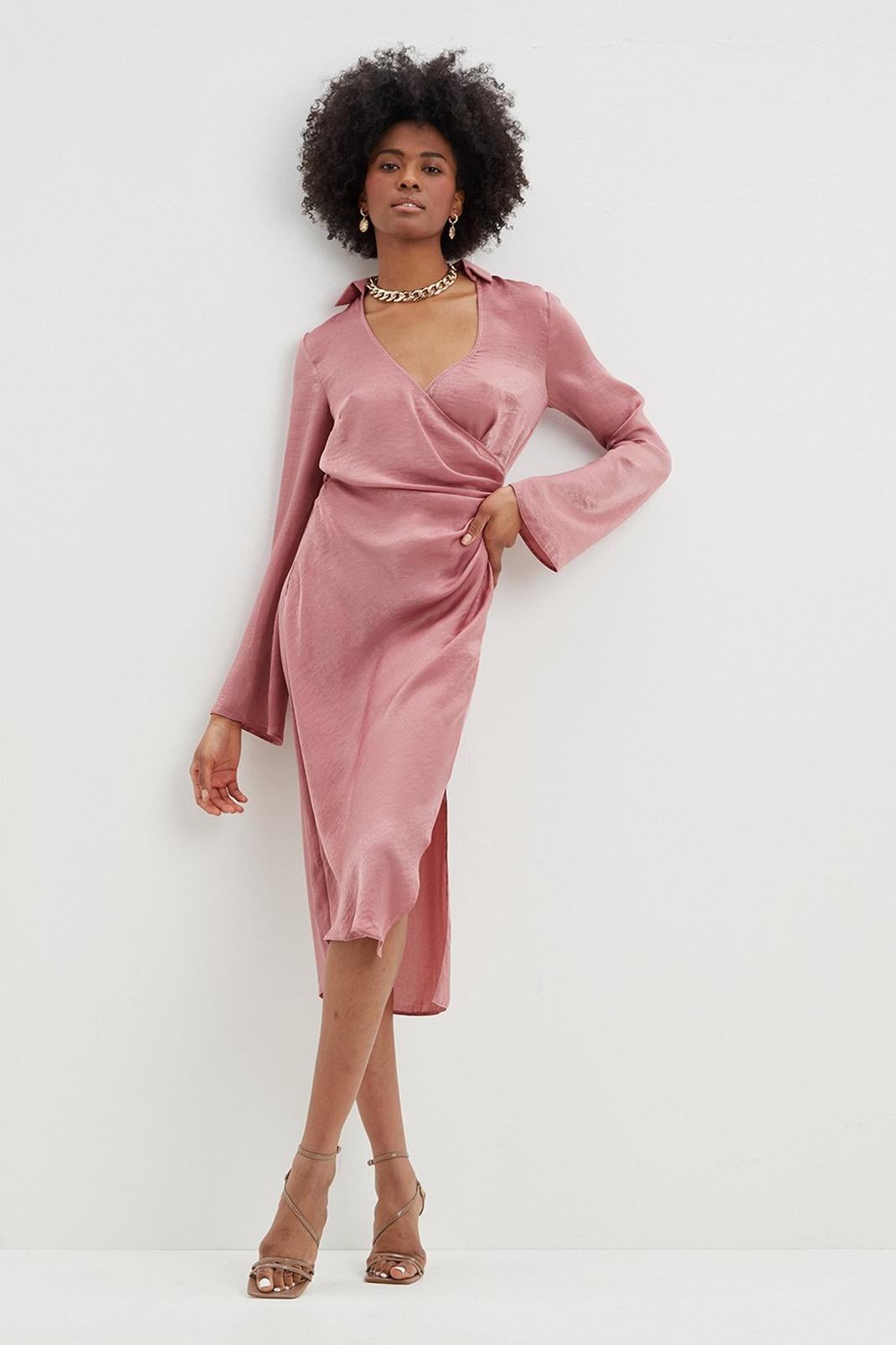 Dark pink Petite Textured Satin Wrap Dress image number 1