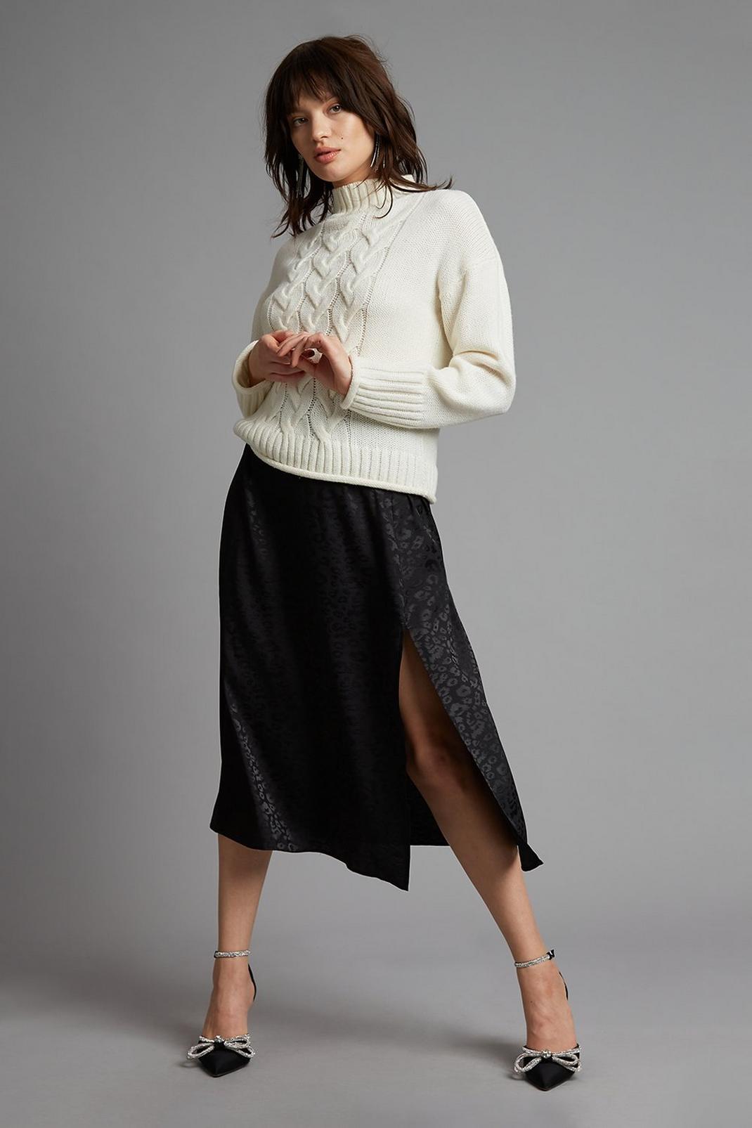 Petite Black Animal Satin Jacquard Midi Skirt image number 1