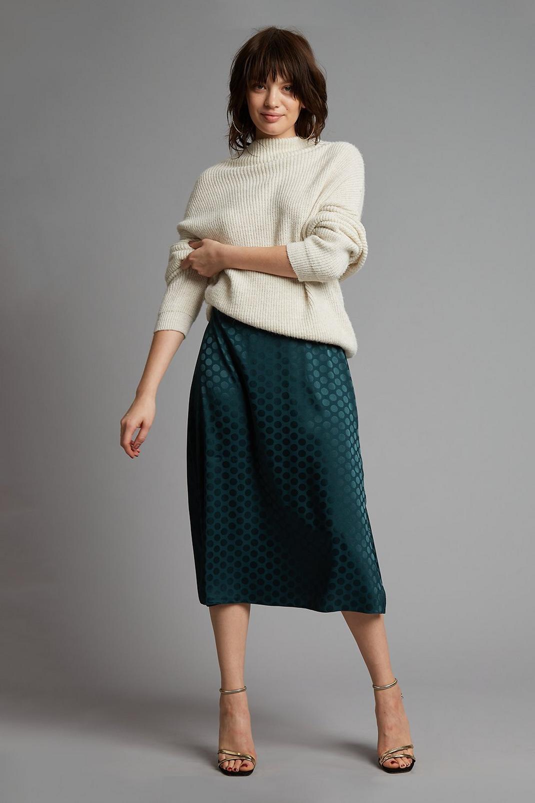 511 Petite Green Satin Spot Jacquard Midi Skirt image number 1