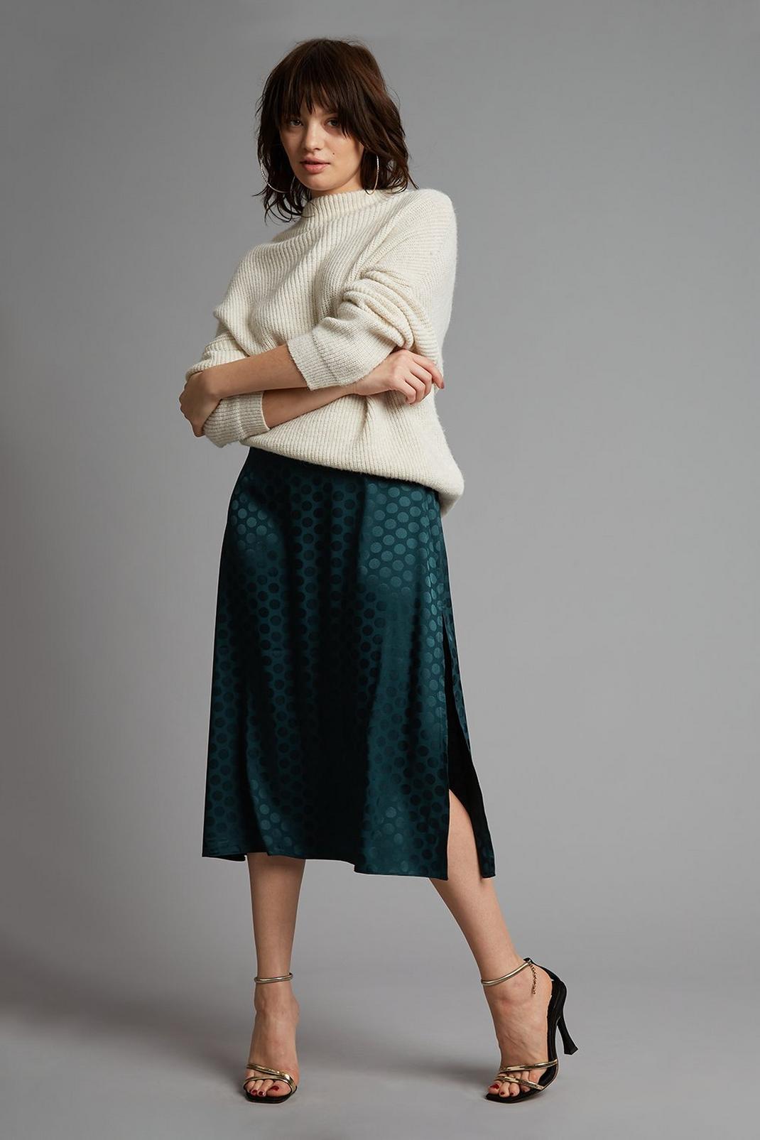 511 Petite Green Satin Spot Jacquard Midi Skirt image number 2