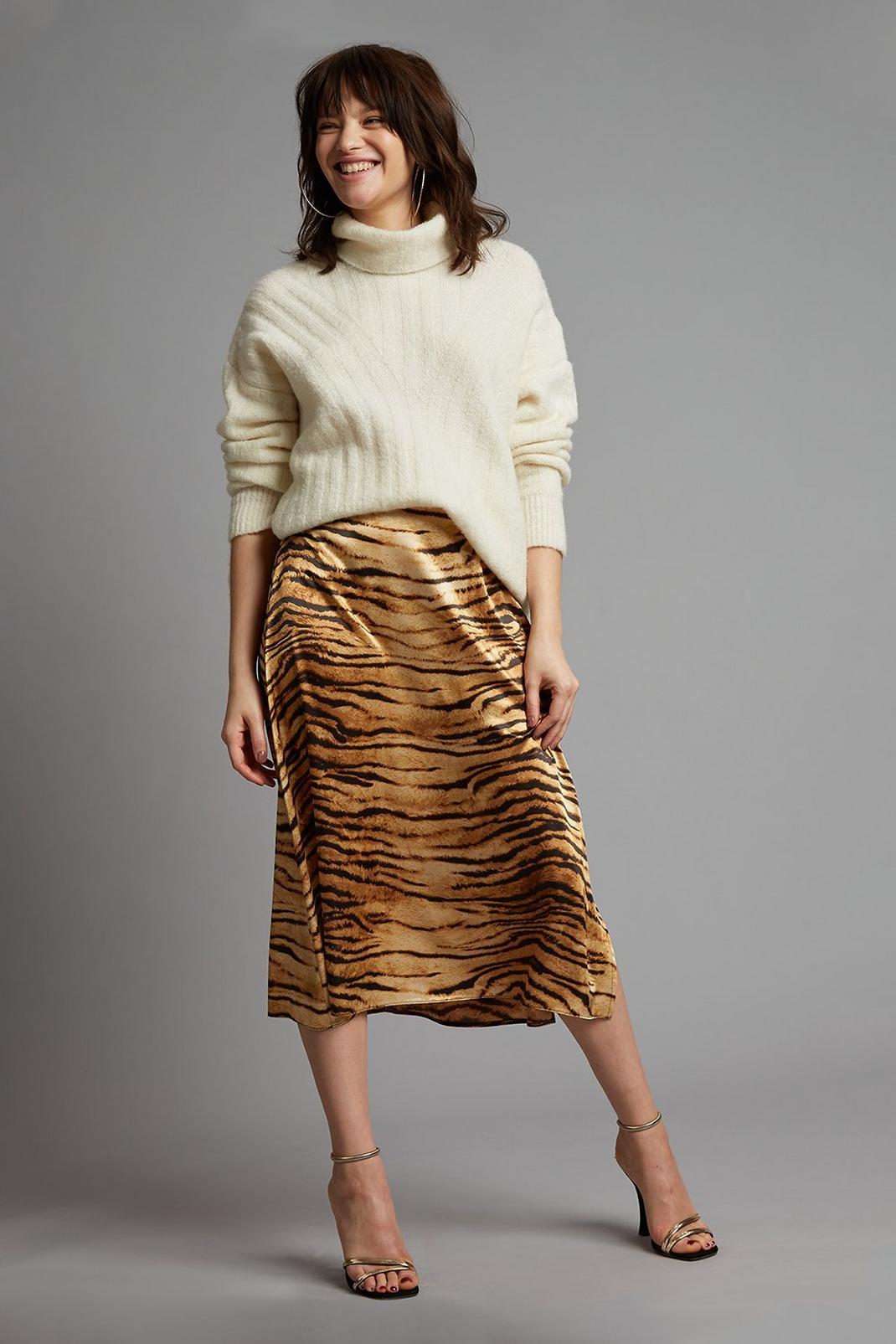 Multi Petite Tiger Print Satin Midi Skirt image number 1