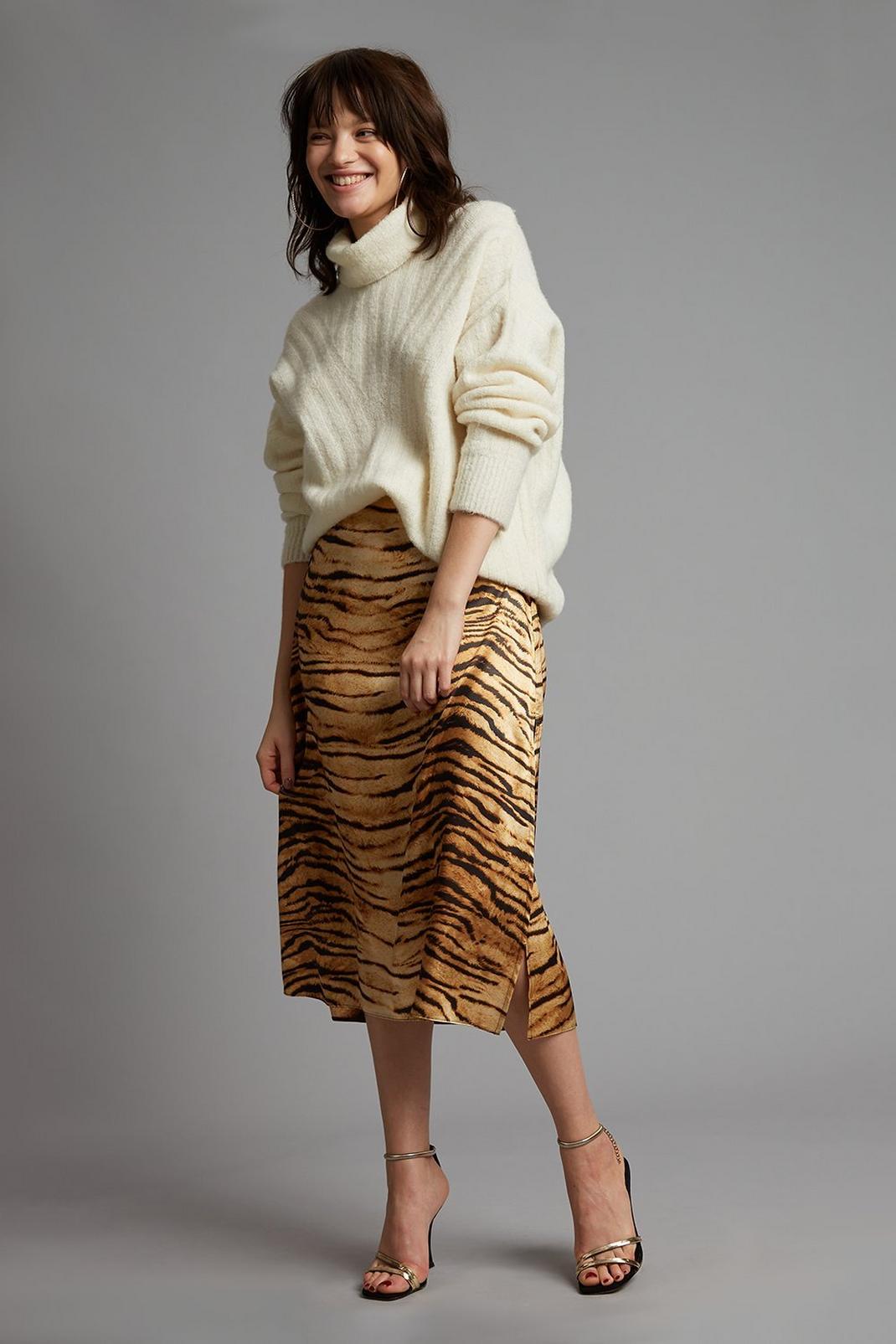 144 Petite Tiger Print Satin Midi Skirt image number 2