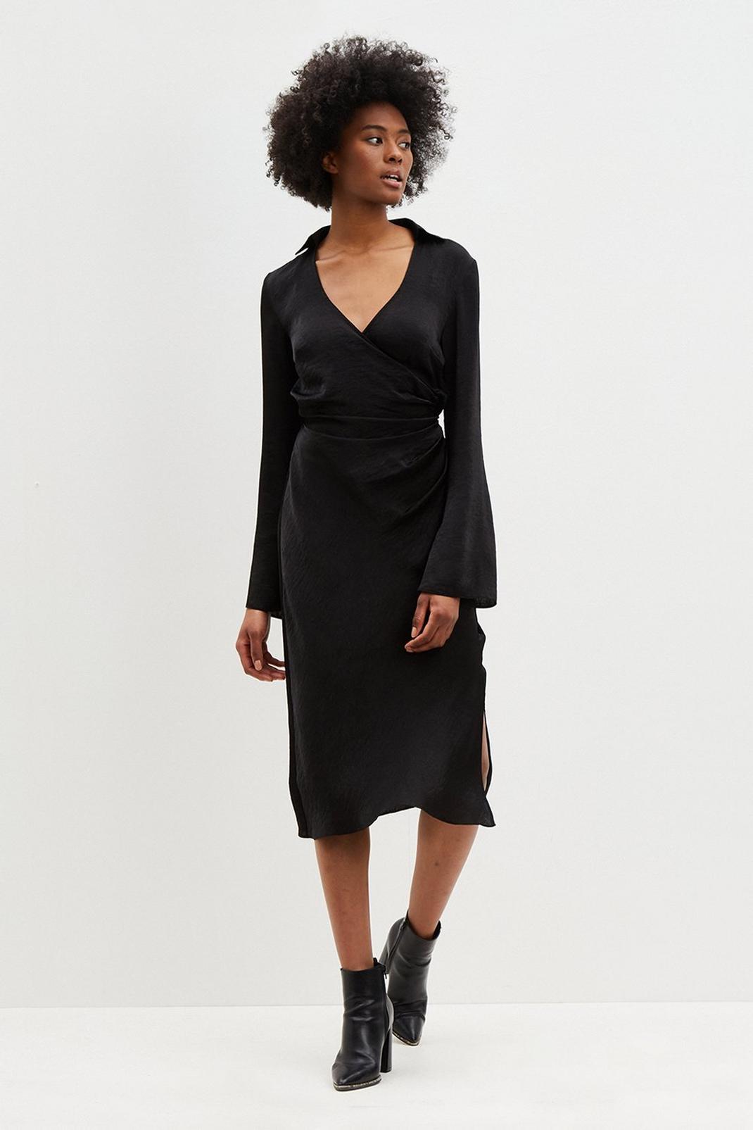 Black Tall Textured Satin Wrap Dress image number 1