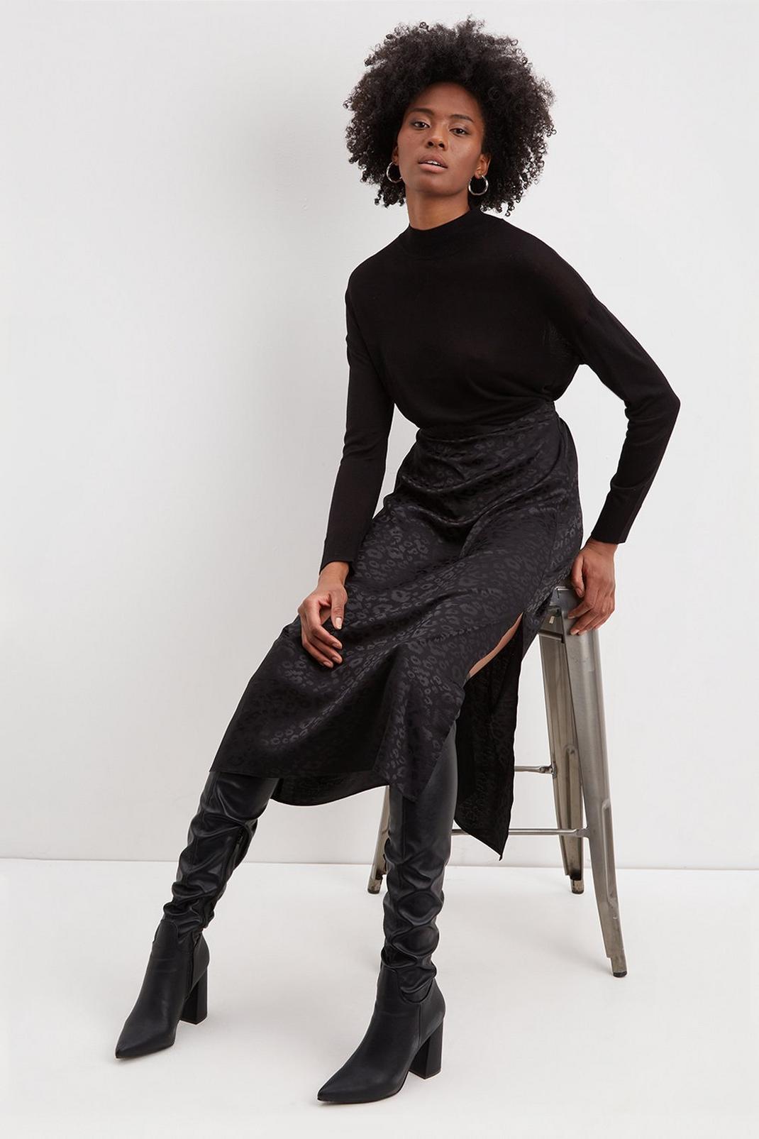 Tall Black Animal Satin Jacquard Midi Skirt image number 1