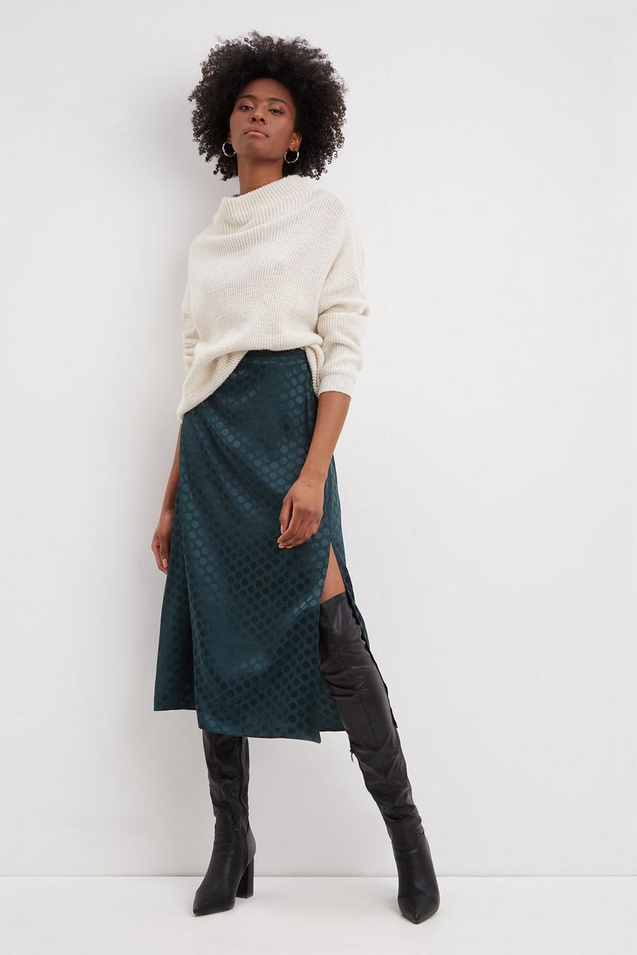 Tall Green Satin Spot Jacquard Midi Skirt