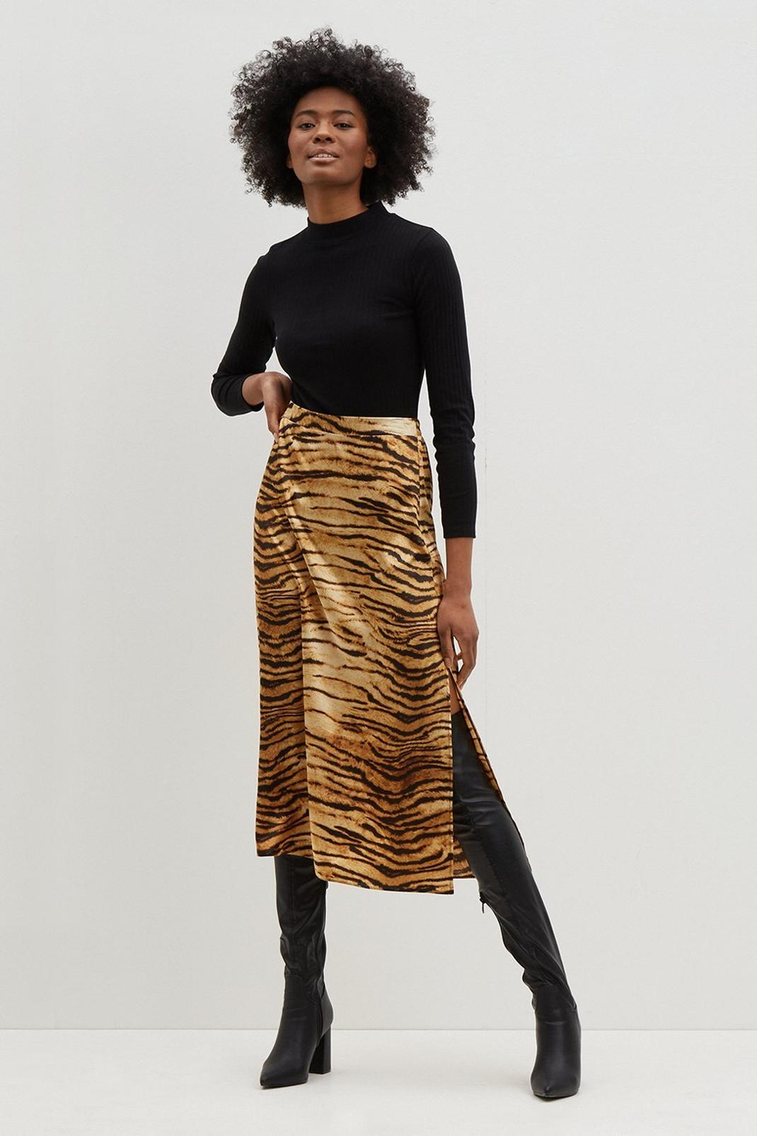 Multi Tall Tiger Animal Satin Print Midi Skirt image number 1