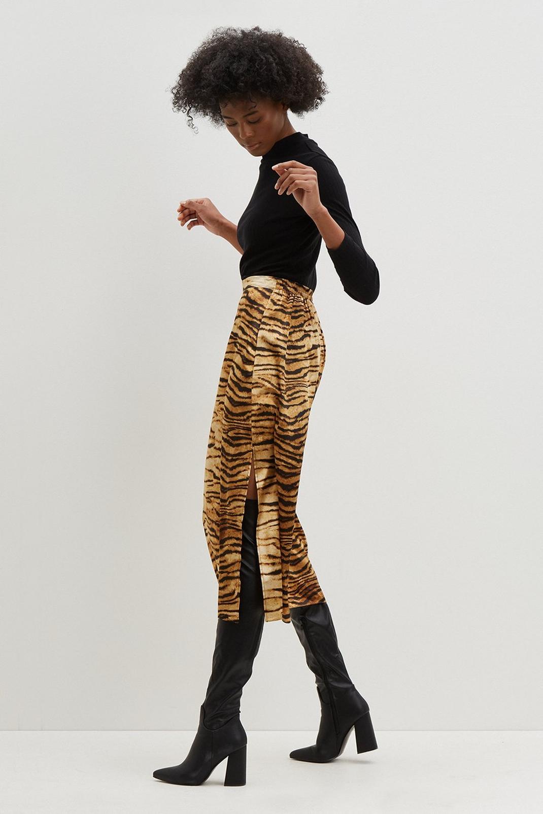 144 Tall Tiger Animal Satin Print Midi Skirt image number 2