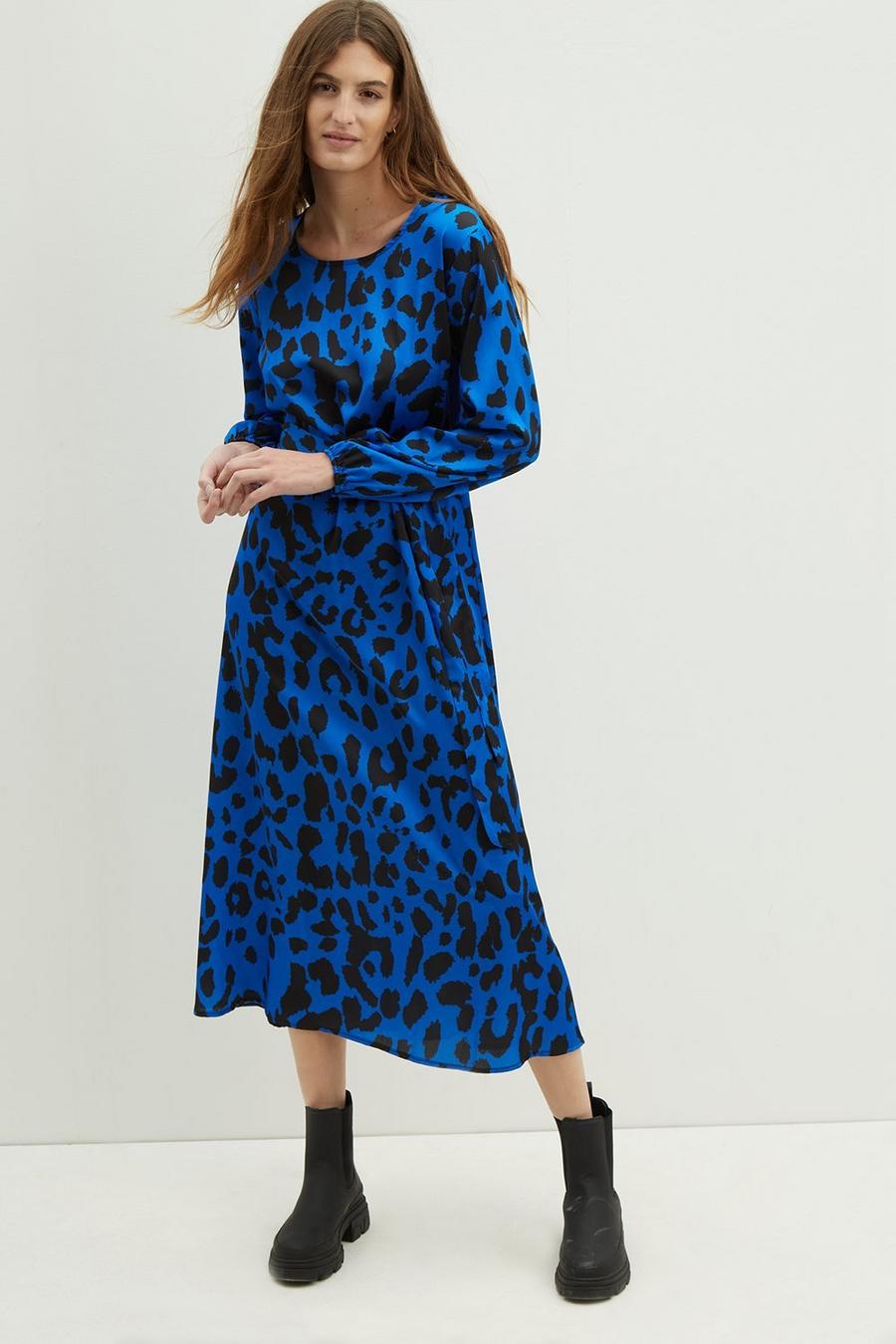 Blue Leopard Printed Satin Maxi Dress