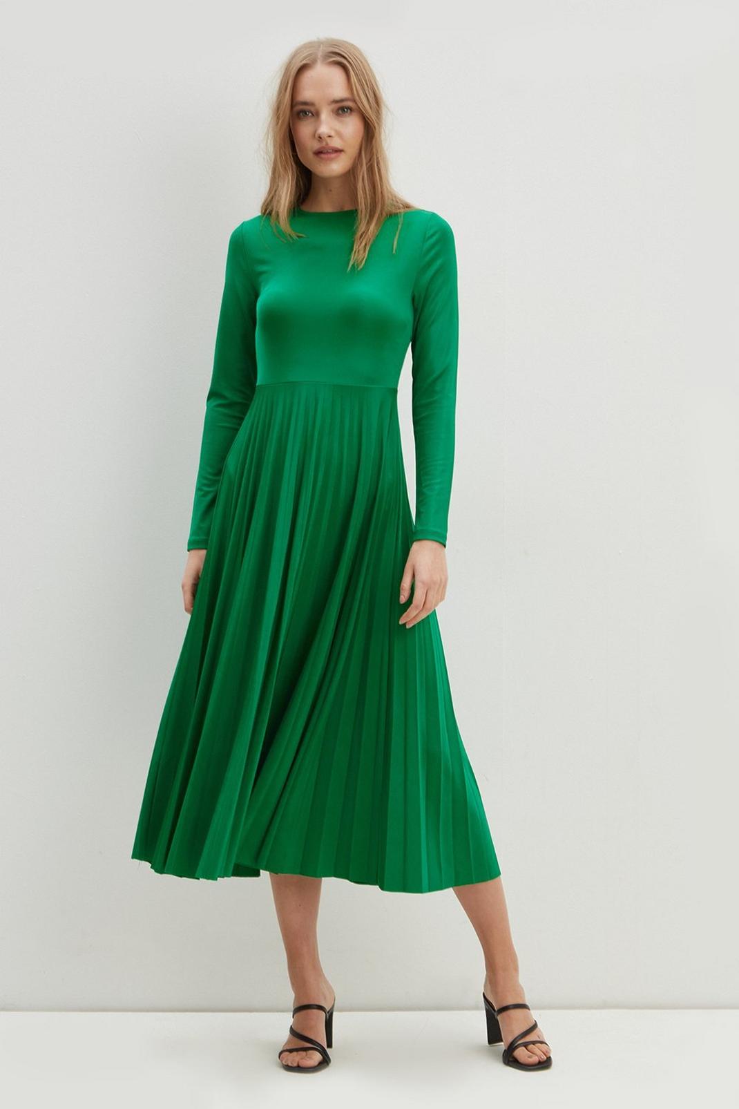 130 Green Pleated Long Sleeve Midi Dress​ image number 1