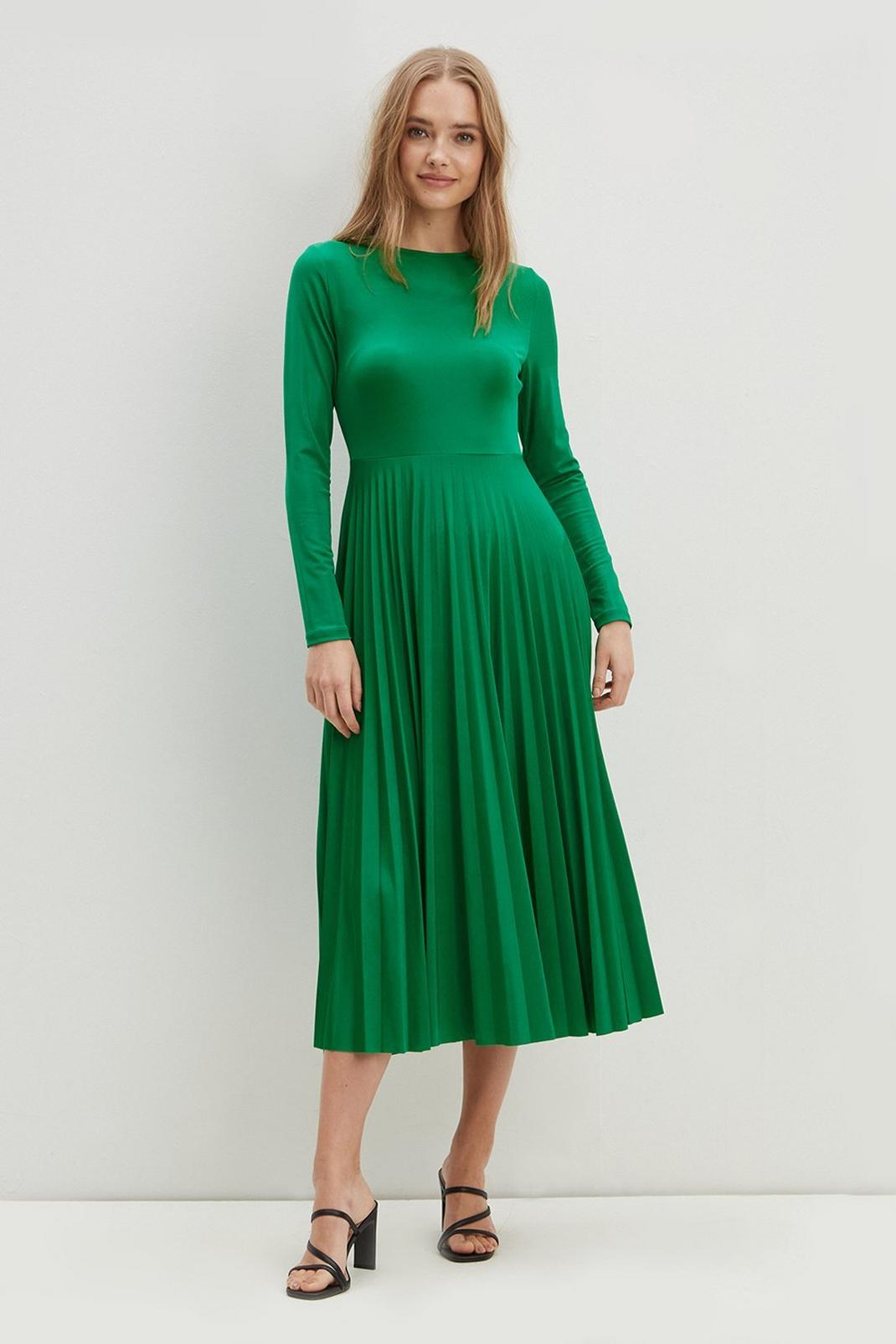 130 Green Pleated Long Sleeve Midi Dress​ image number 2