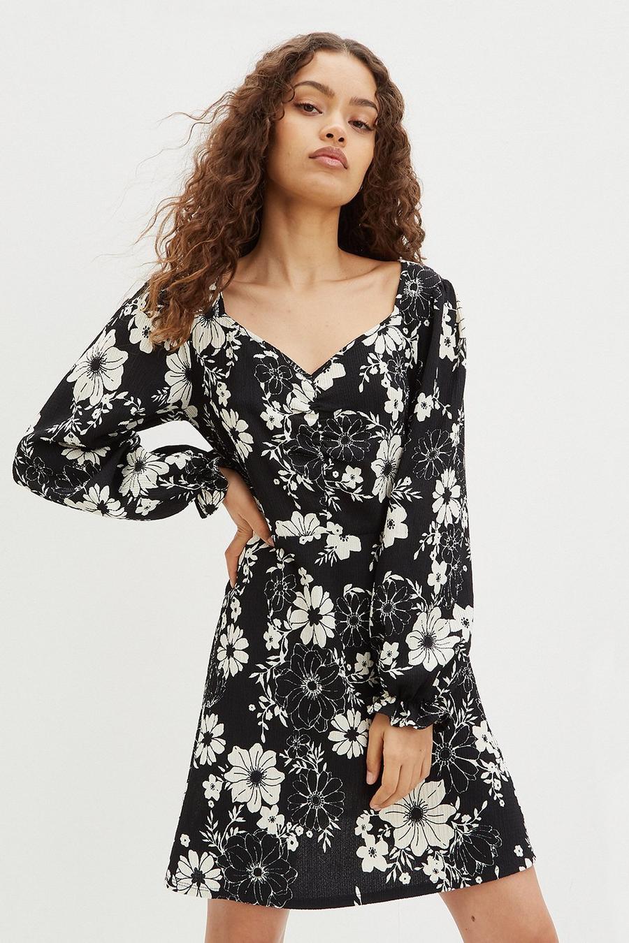 Petite Mono Floral Long Sleeve Ruched Dress