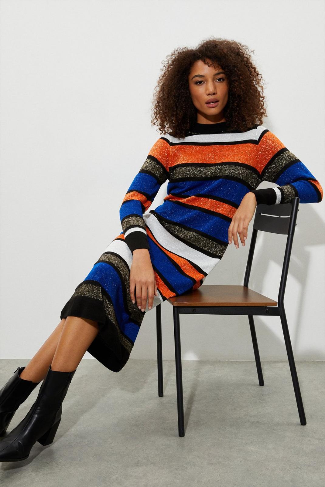 Glitter Striped Knitted Midi Dress image number 1