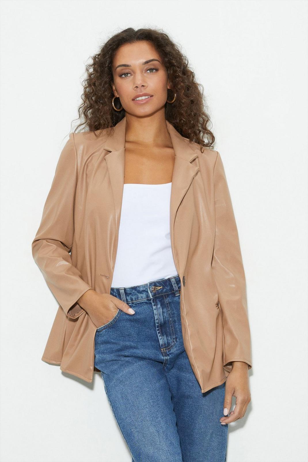 Tan Faux Leather Blazer image number 1