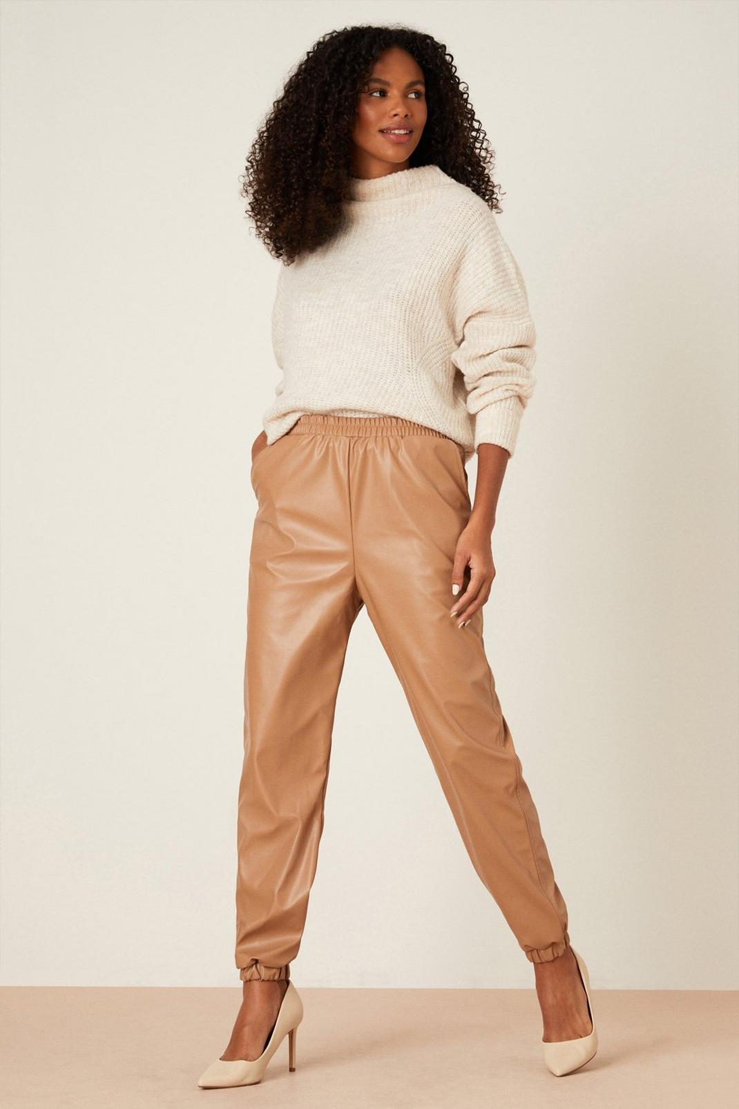 Tan Faux Leather Joggers image number 1