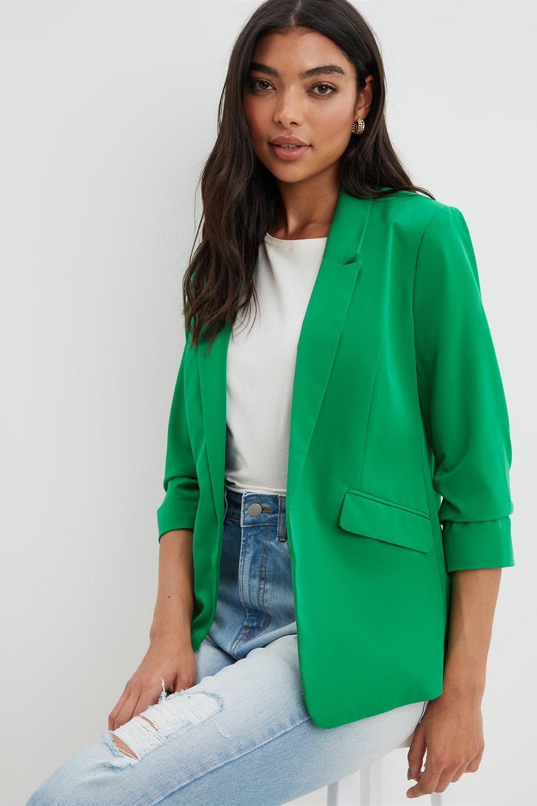 Green Ruched Sleeve Blazer image number 1