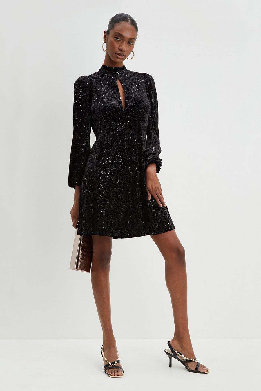 Black Glitter Velvet High Neck Mini Dress
