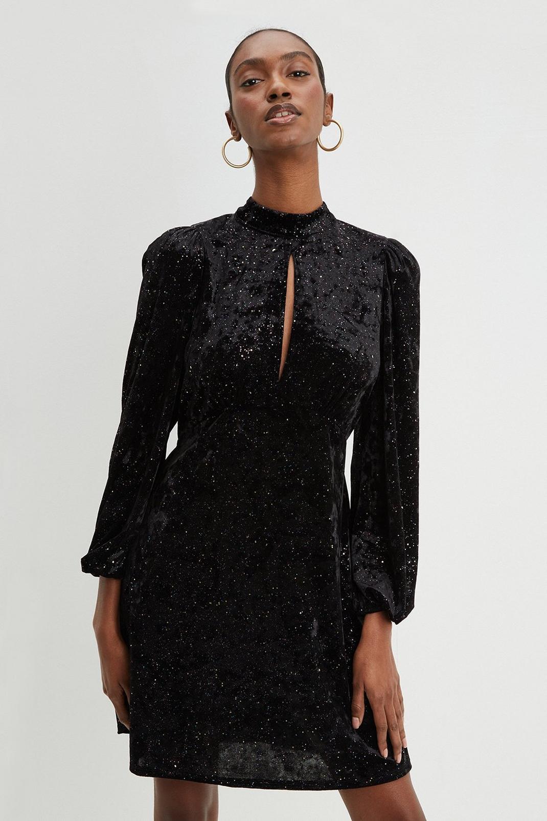 105 Black Glitter Velvet High Neck Mini Dress image number 2