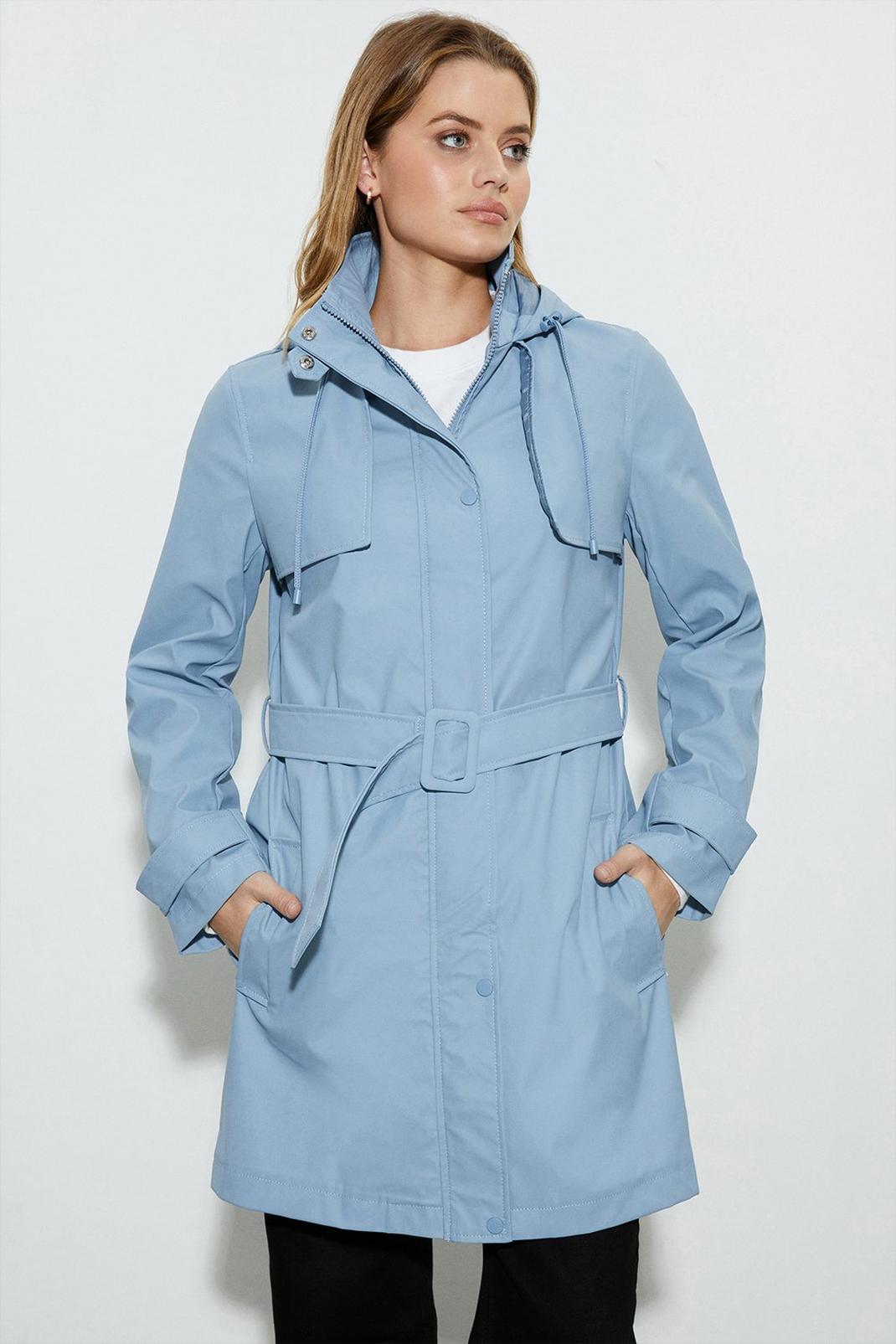 Blue Belted Hooded Raincoat image number 1