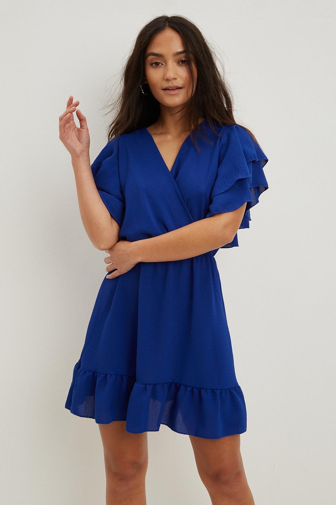 Blue Petite Ruffle Sleeve Mini Dress image number 1