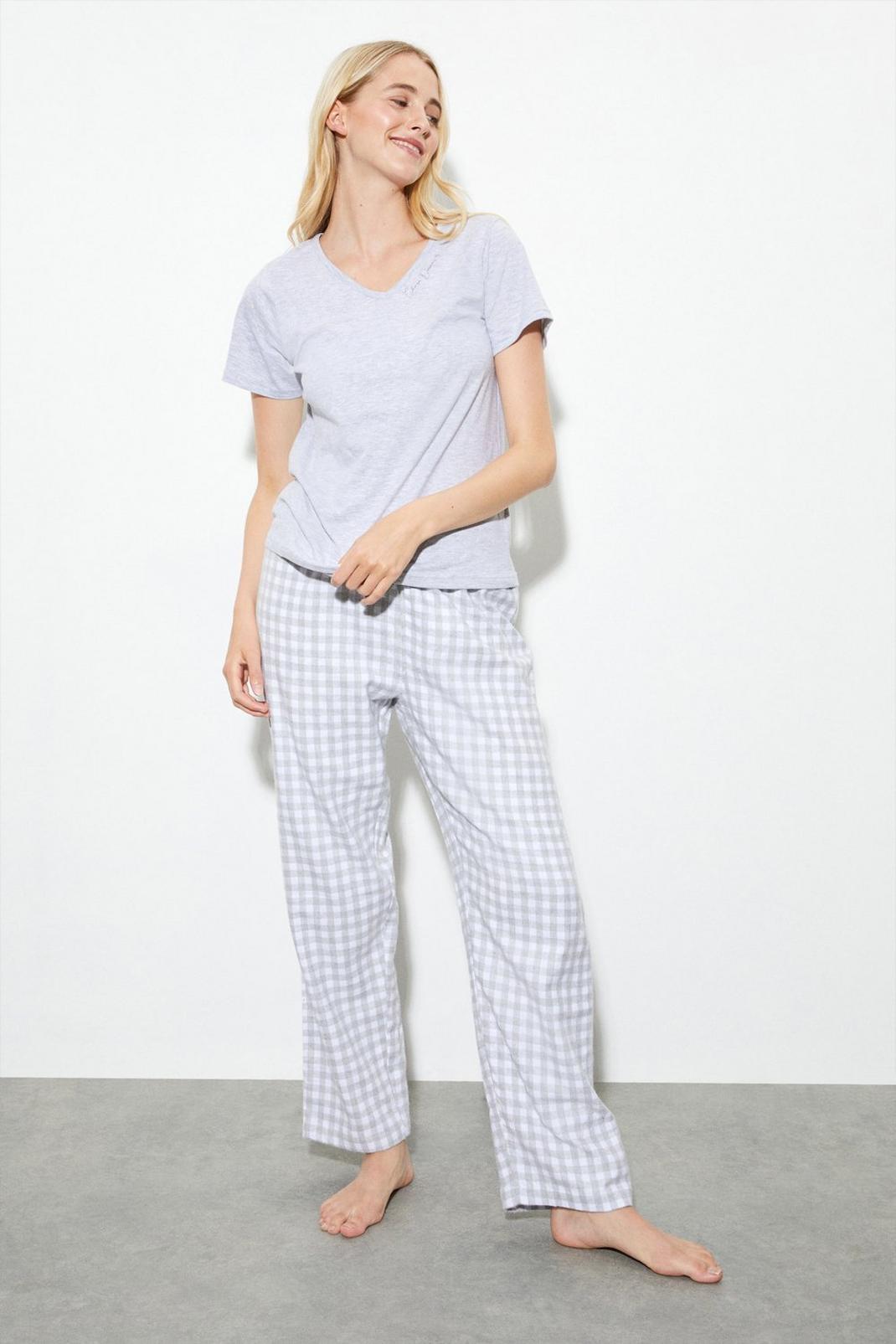Grey marl T-Shirt And Gingham Wide Leg Pyjama Set image number 1