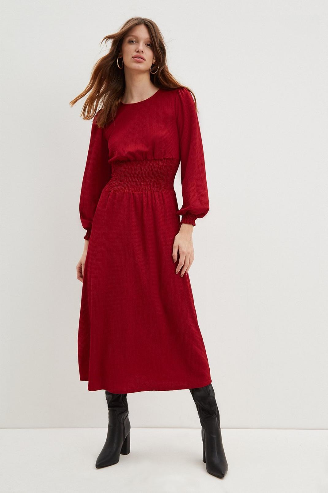 Red Long Sleeve Textured Midi Dress image number 1