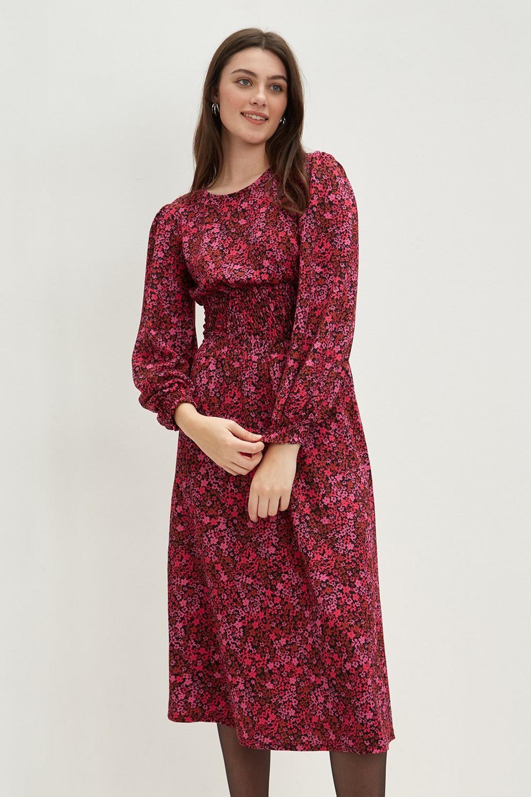 155 Pink Ditsy Textured Shirred Midi Dress​ image number 2