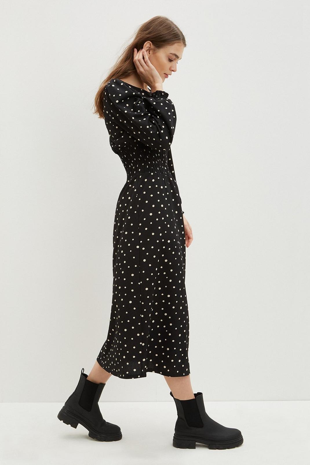 105 Black Spot Textured Shirred Midi Dress image number 2