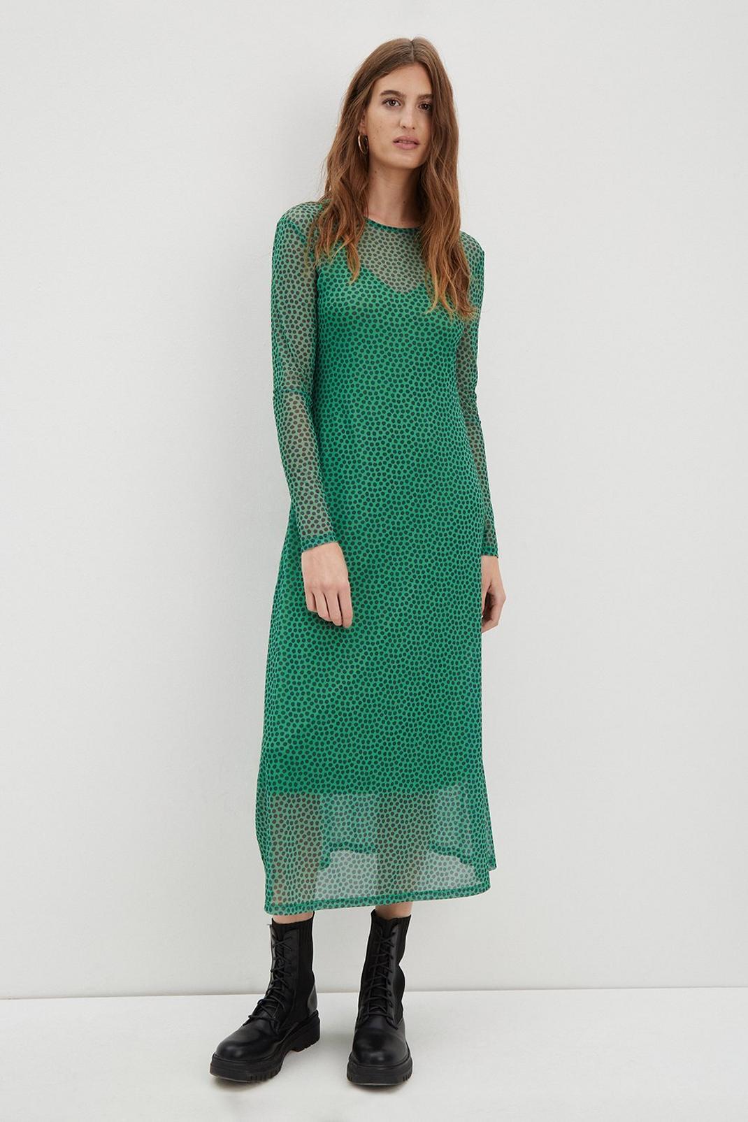 Green Spot Mesh Long Sleeve Midi Dress image number 1