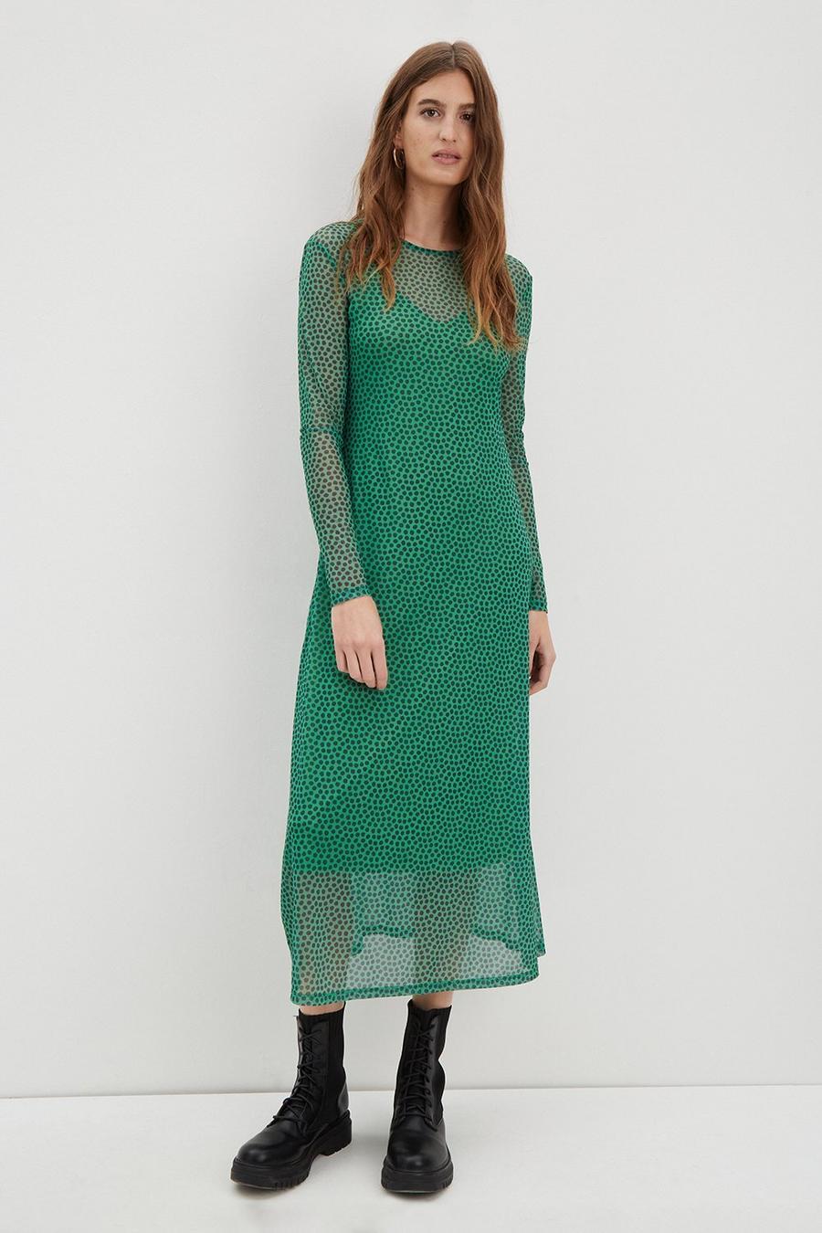 Green Spot Mesh Long Sleeve Midi Dress