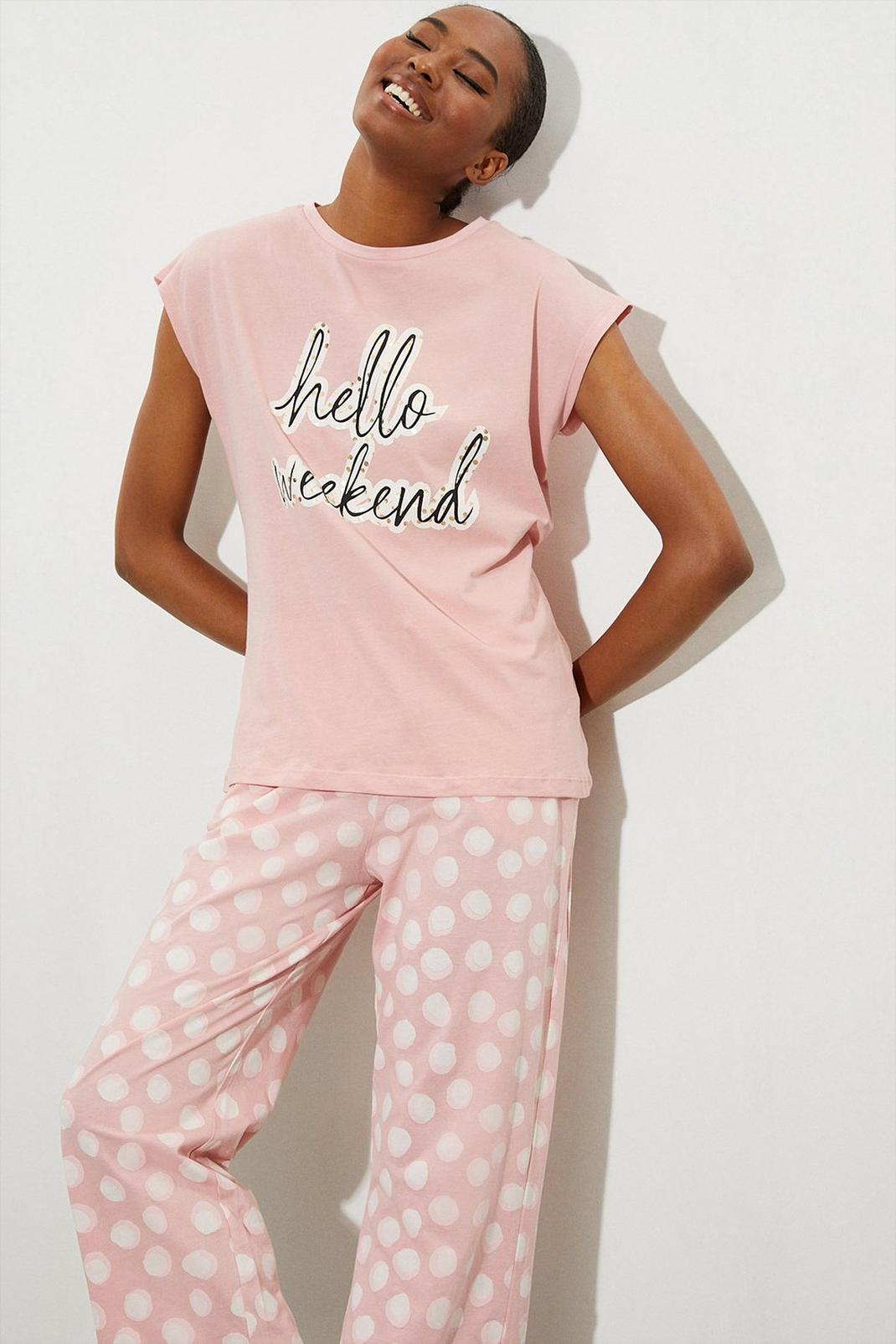 Tall Pink Hello Weekend Pyjama Trouser Set image number 1
