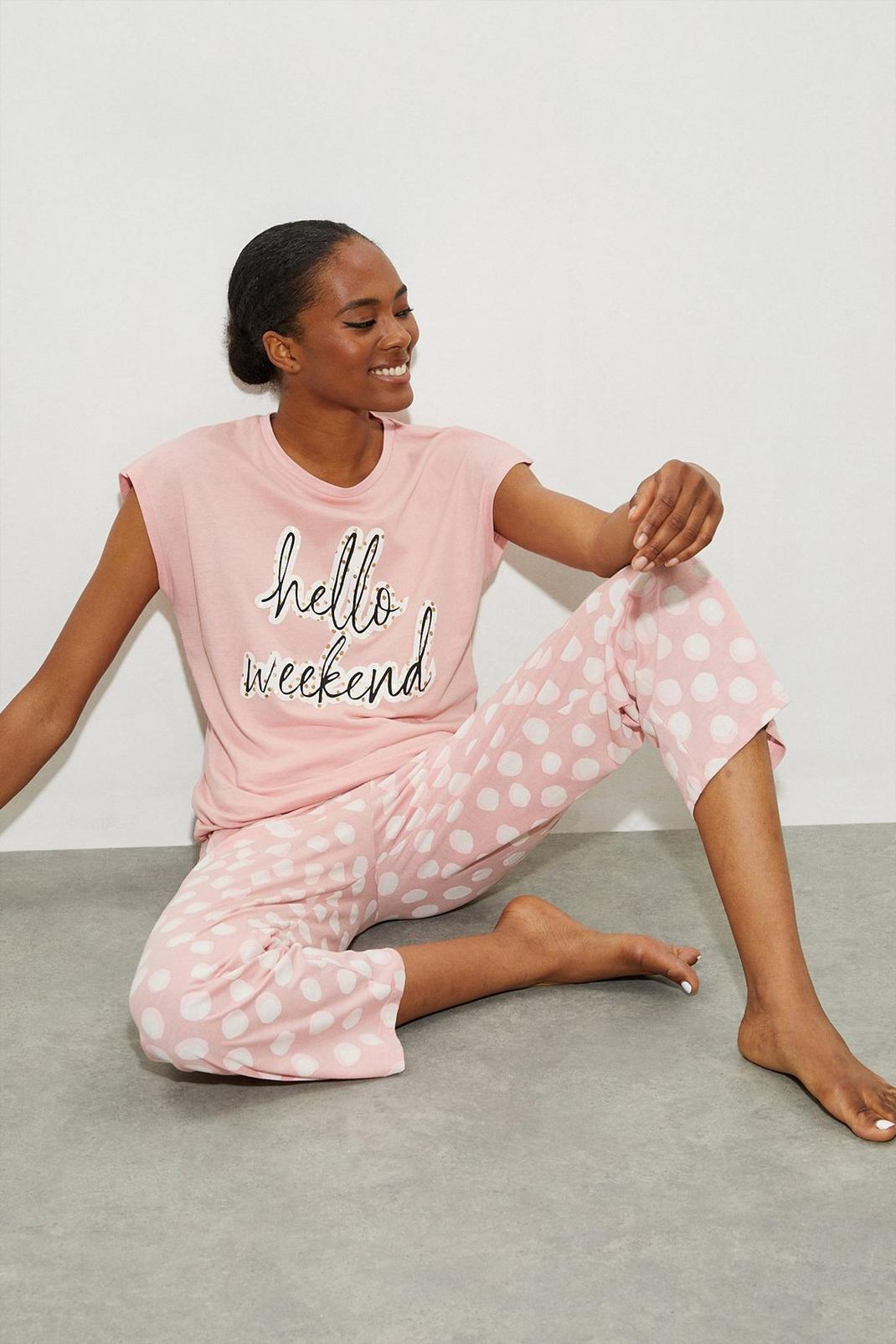 155 Tall Pink Hello Weekend Pyjama Trouser Set image number 2