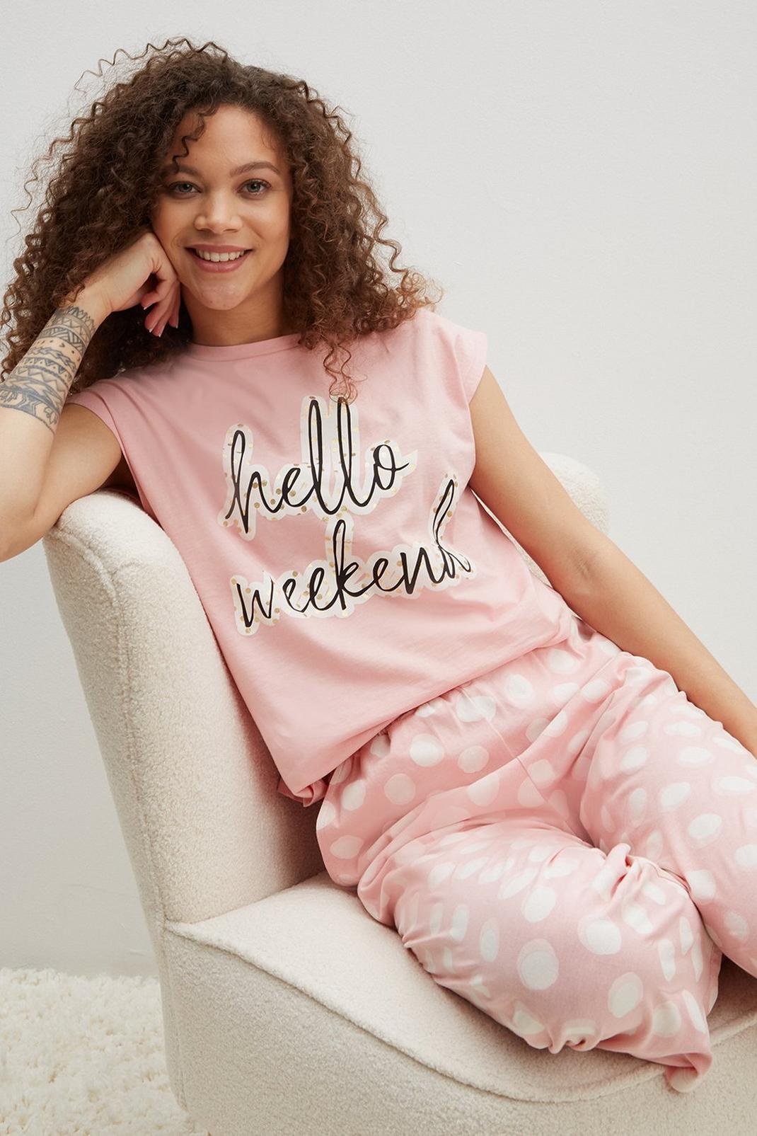 Pink Petite Hello Weekend Trouser Pyjama Set image number 1