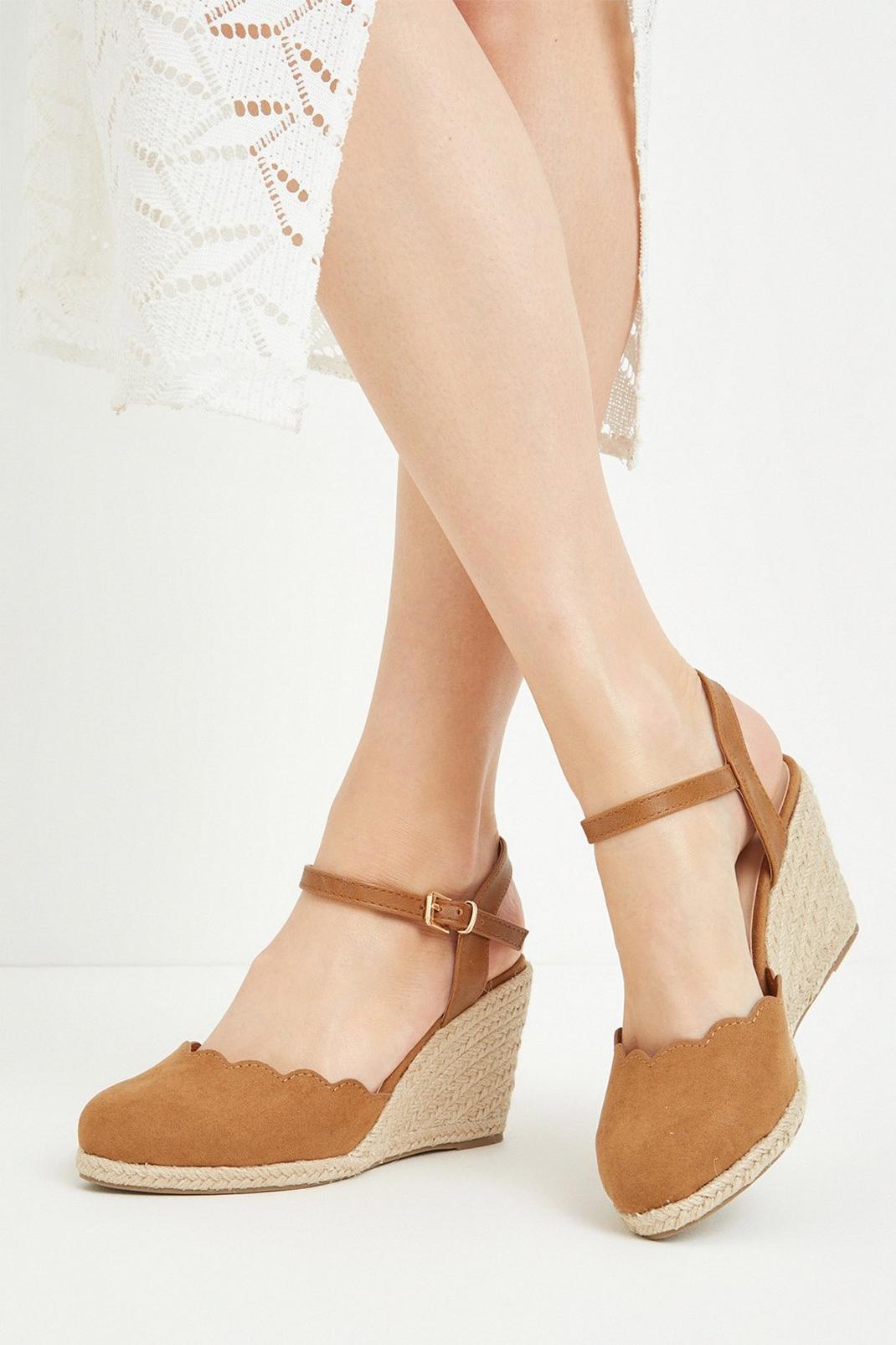 Tan Rue Scalloped Espadrille Wedges image number 1