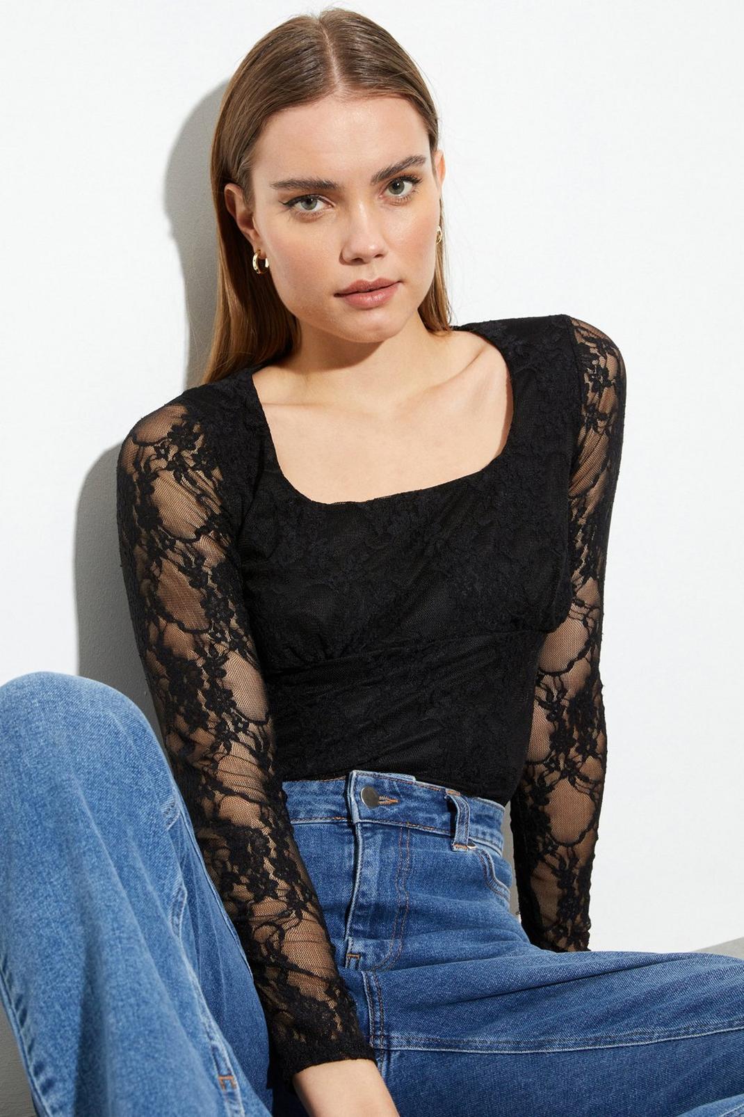 Black Lace Square Neck Long Sleeve Top  image number 1