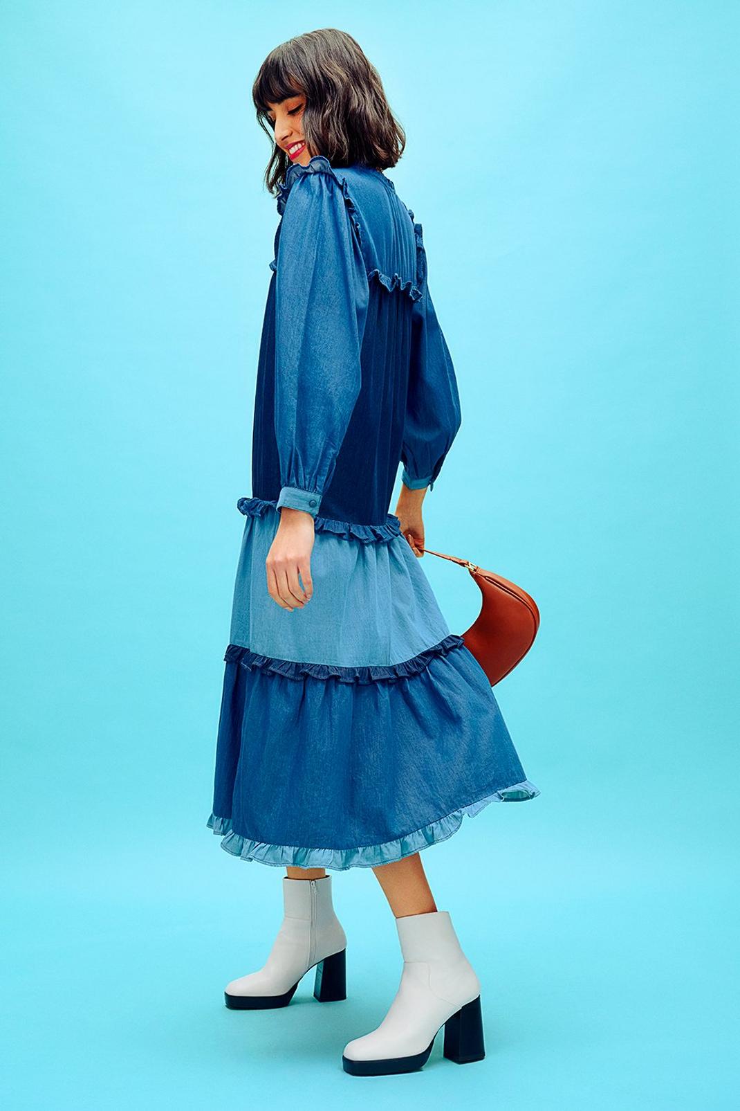 Mid wash Mix And Match Frill Denim Tiered Midi Dress image number 1