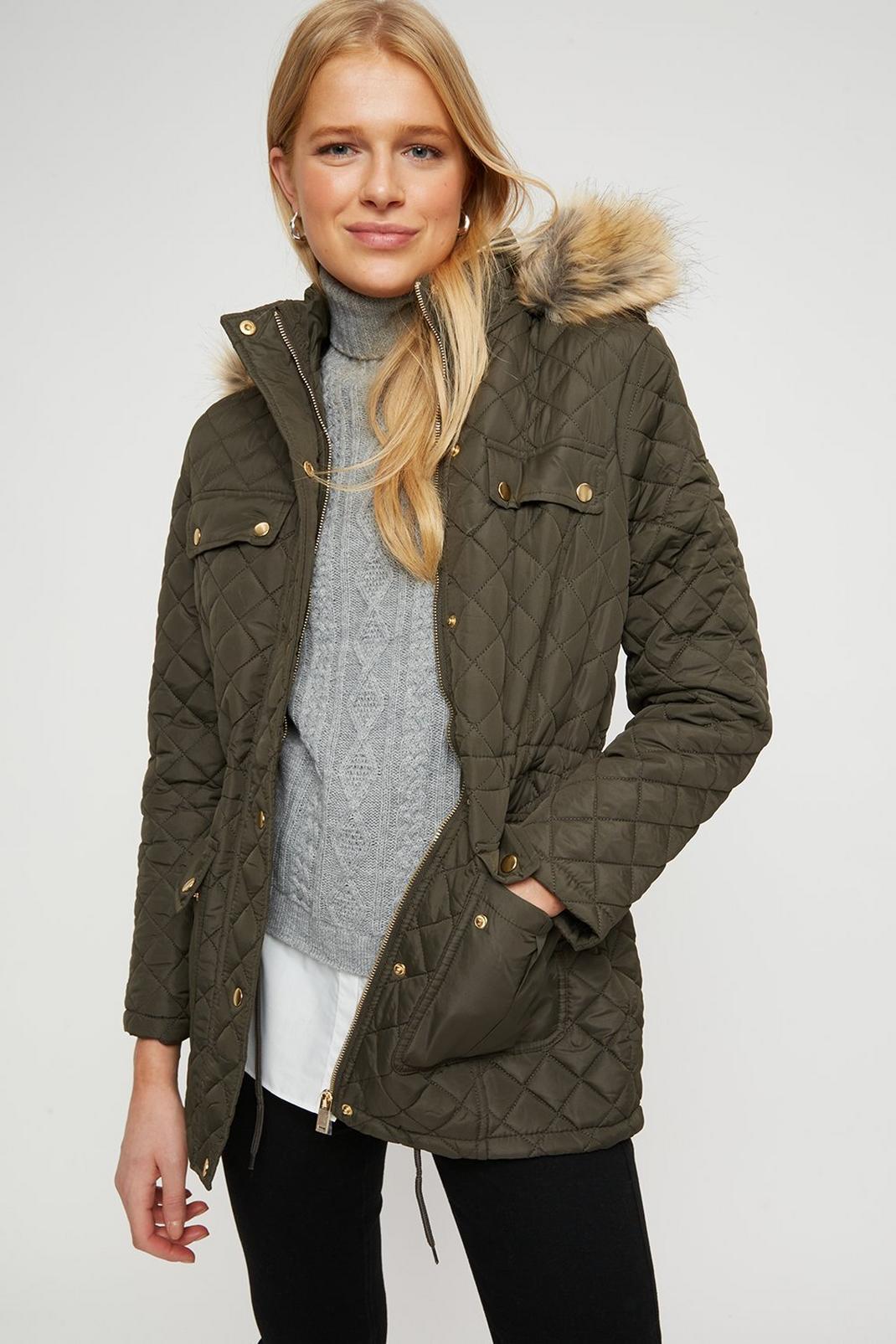 135 Diamond Quilted Hooded Coat With Faux Fur  image number 1