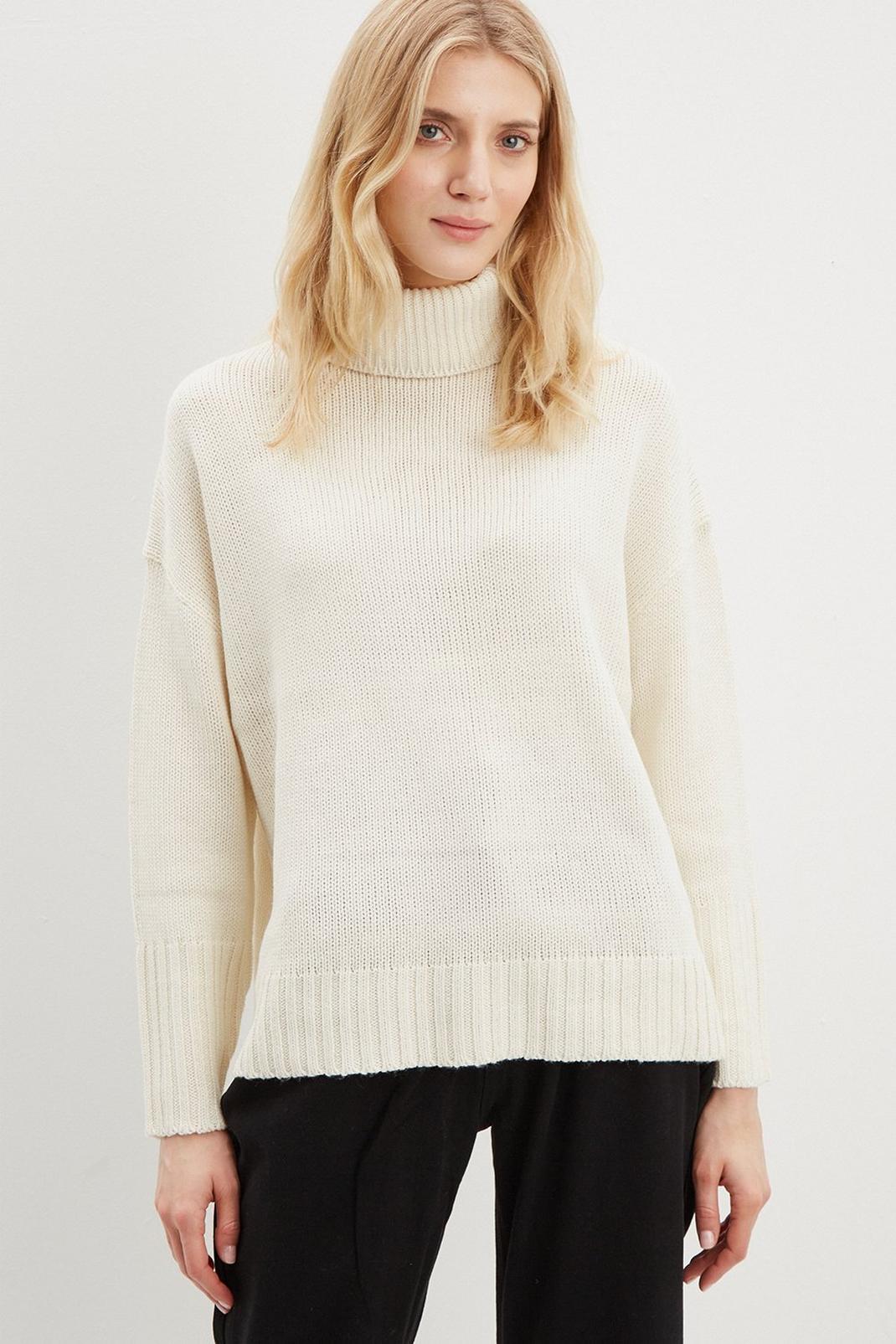 Cream Roll Neck Slouchy Jumper  image number 1