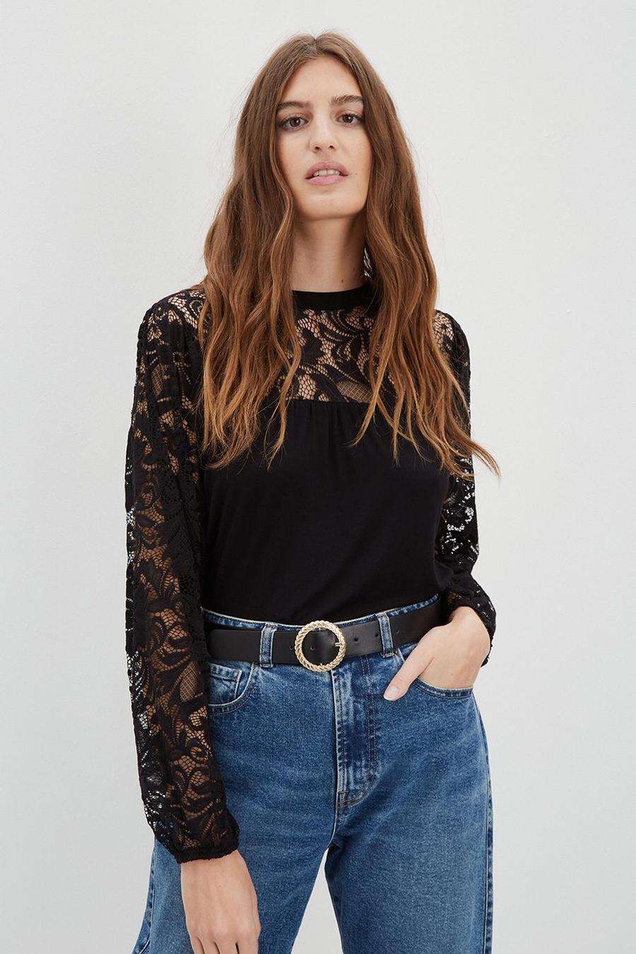 Lace High Neck Volume Sleeve Top
