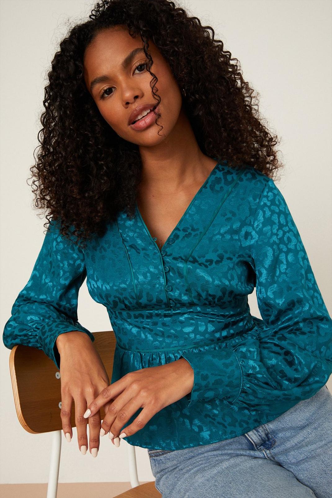 Teal Jacquard Empire Button Front Blouse image number 1