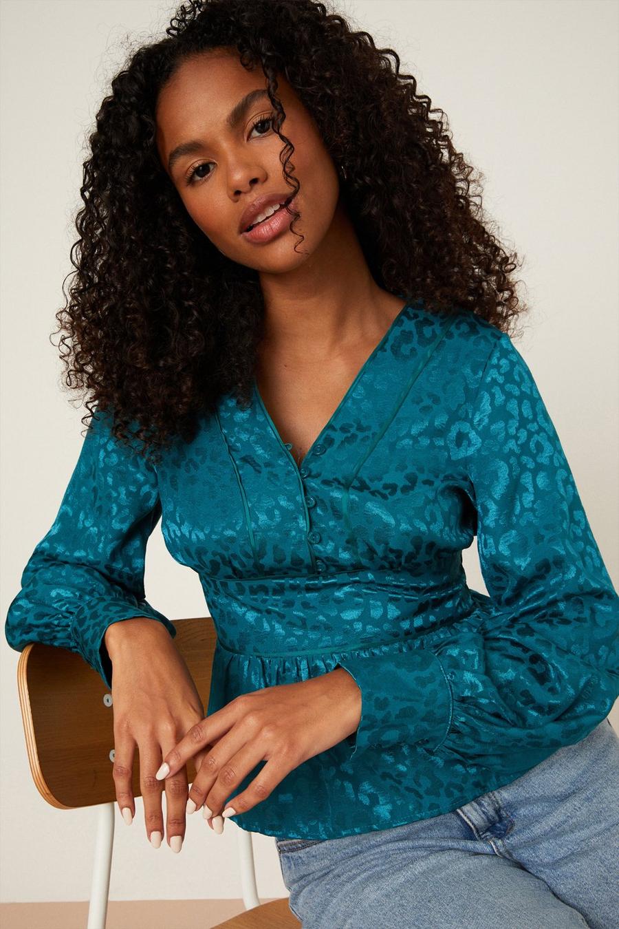 Teal Jacquard Empire Button Front Blouse