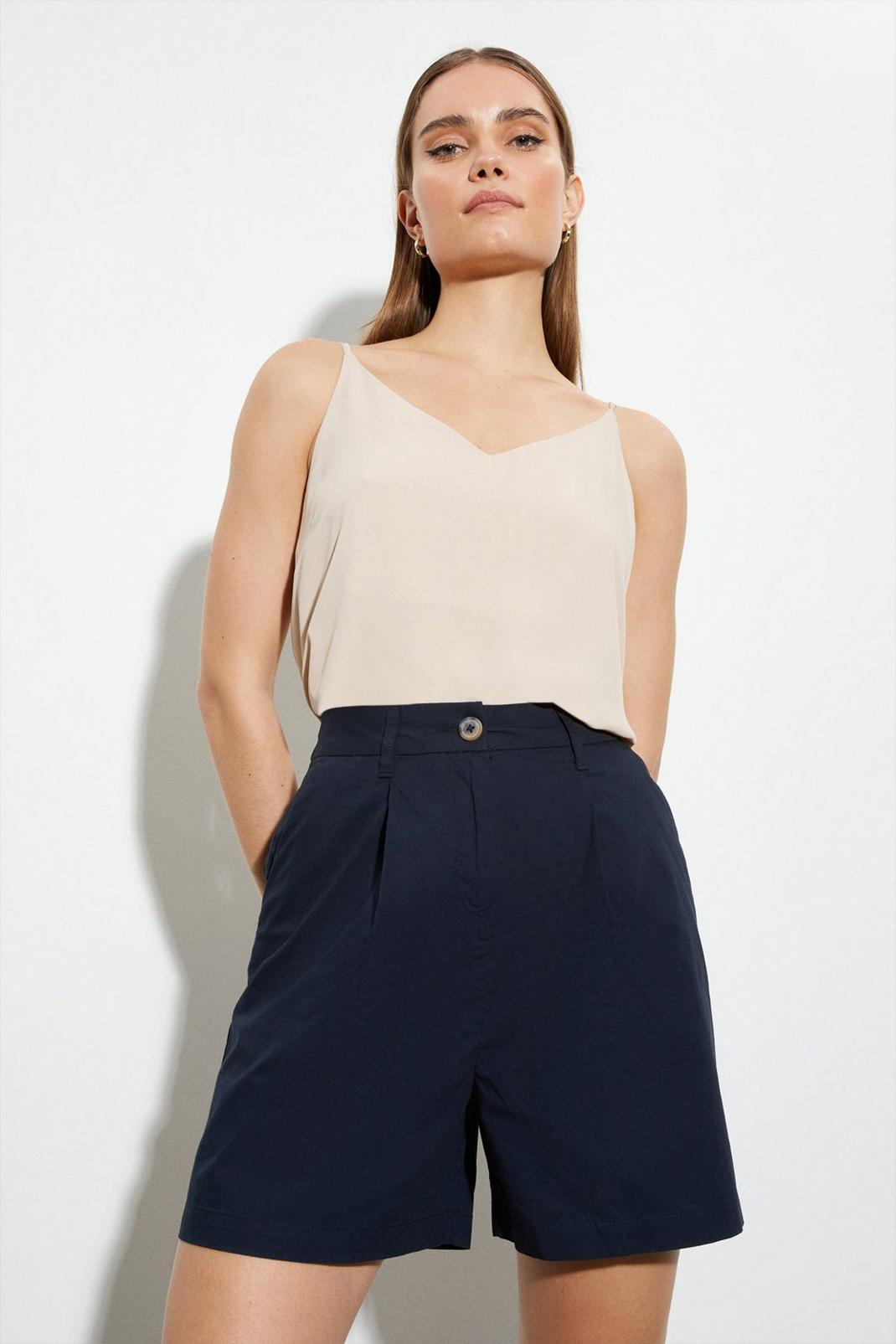 Navy Poplin Pleat Front Shorts image number 1