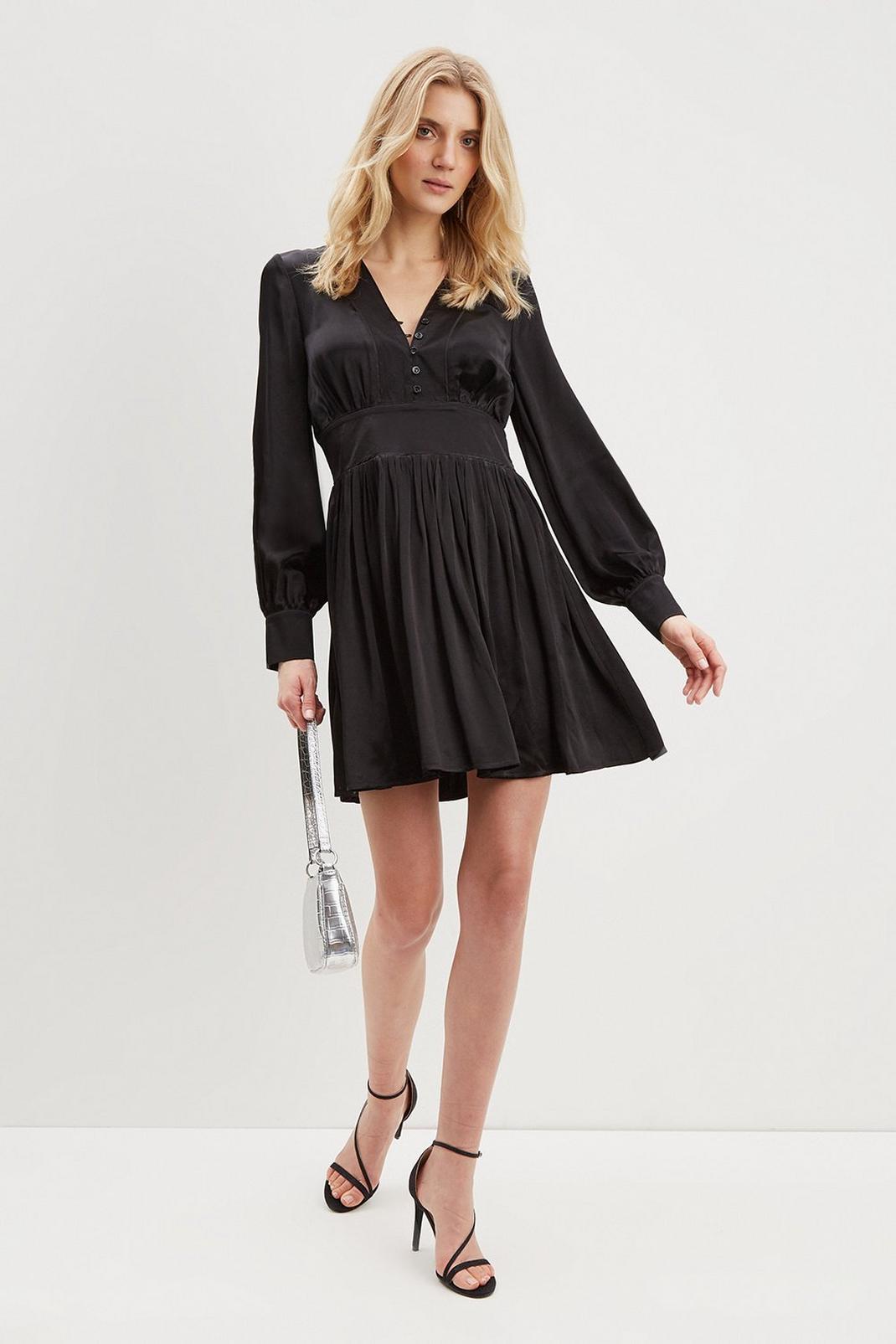 105 Premium Black Satin Empire Button Mini Dress   image number 2