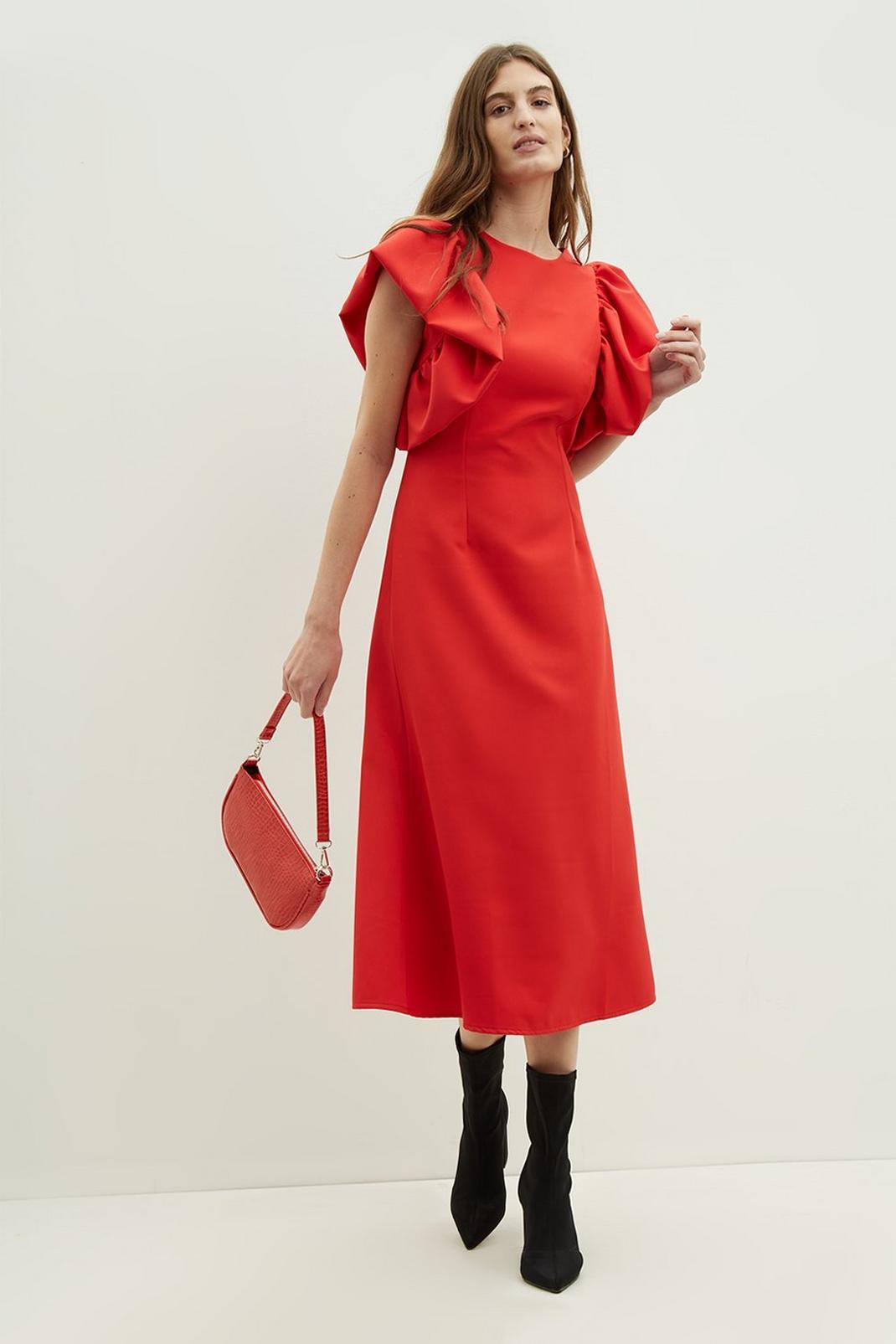 Red Volume Ruffle Sleeve Midi Dress​ image number 1