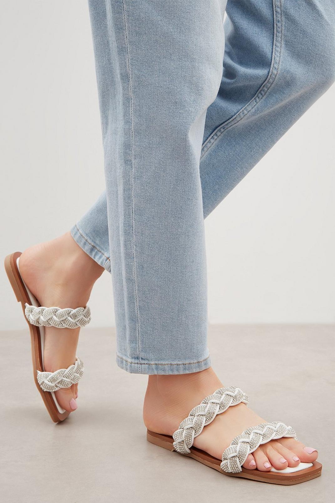 White Faith: Bobbie Diamante Flat Plaited Sandal image number 1