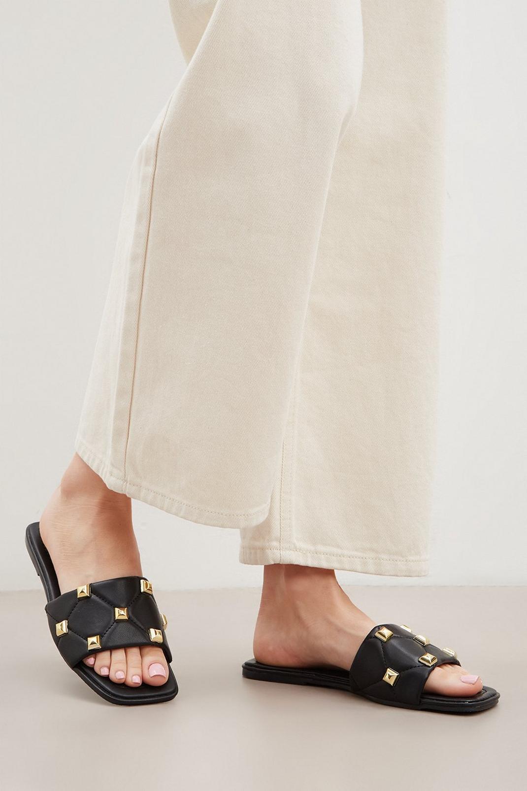Black Faith: Fern Quilted Studded Flat Sandal  image number 1