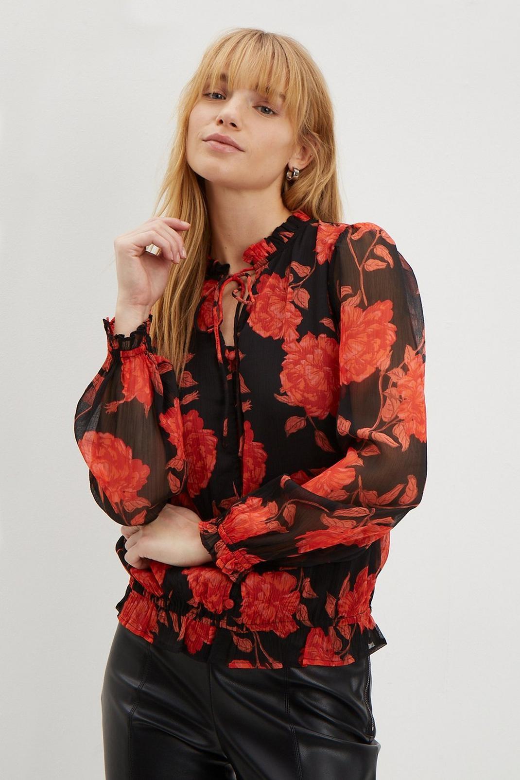 Petite Red Floral Ruffle Tie Neck Top image number 1